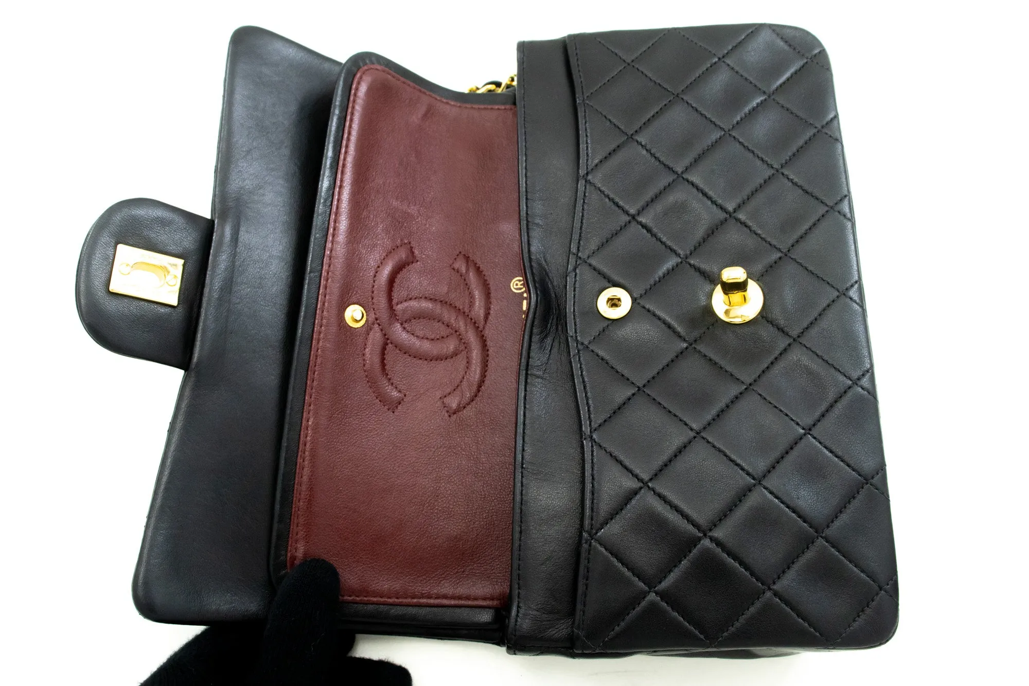 CHANEL Classic Double Flap 9" Chain Shoulder Bag Black Lambskin m64