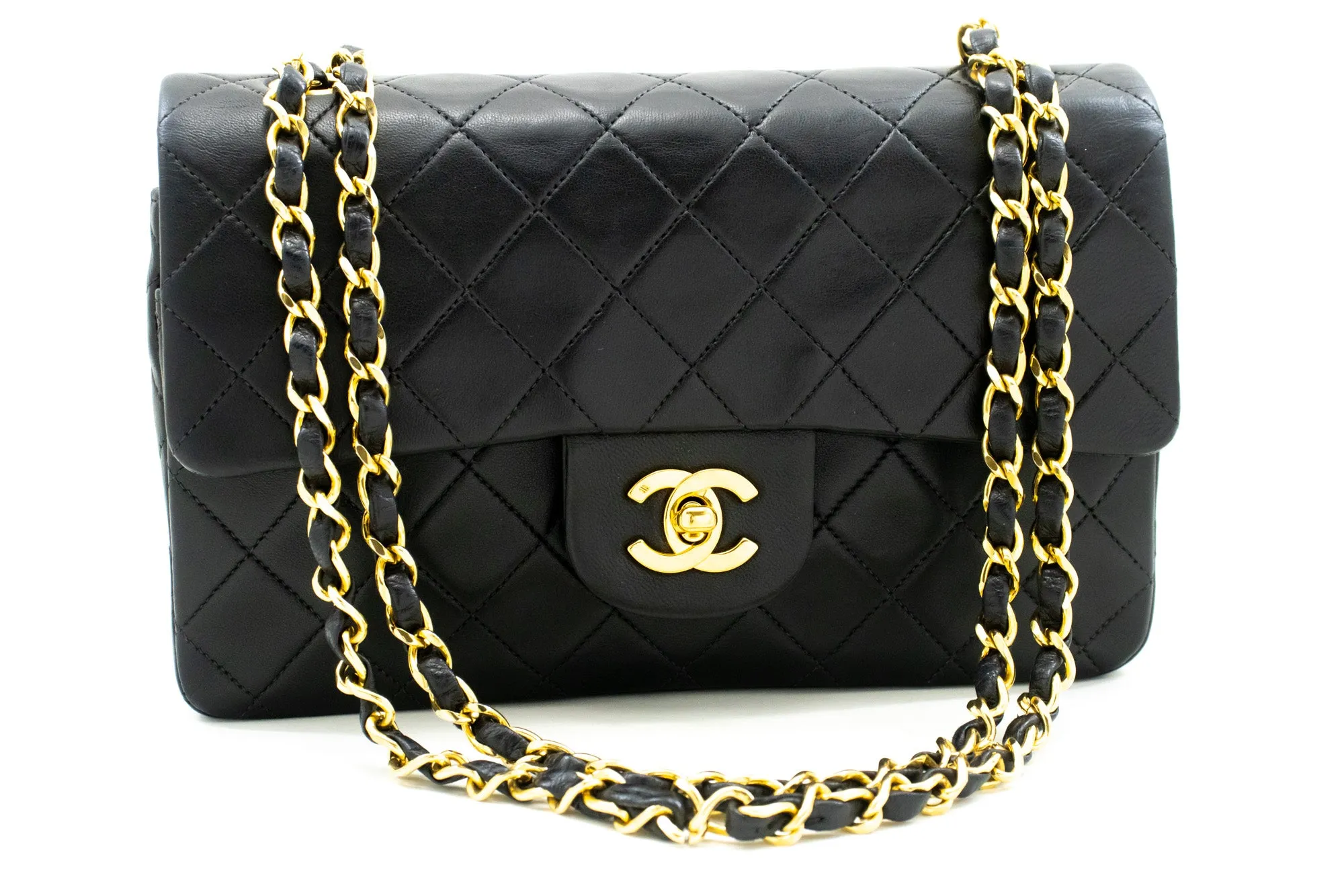 CHANEL Classic Double Flap 9" Chain Shoulder Bag Black Lambskin m64