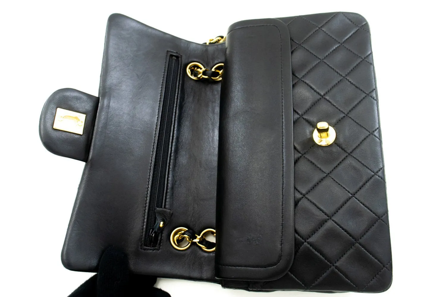 CHANEL Classic Double Flap 9" Chain Shoulder Bag Black Lambskin m64