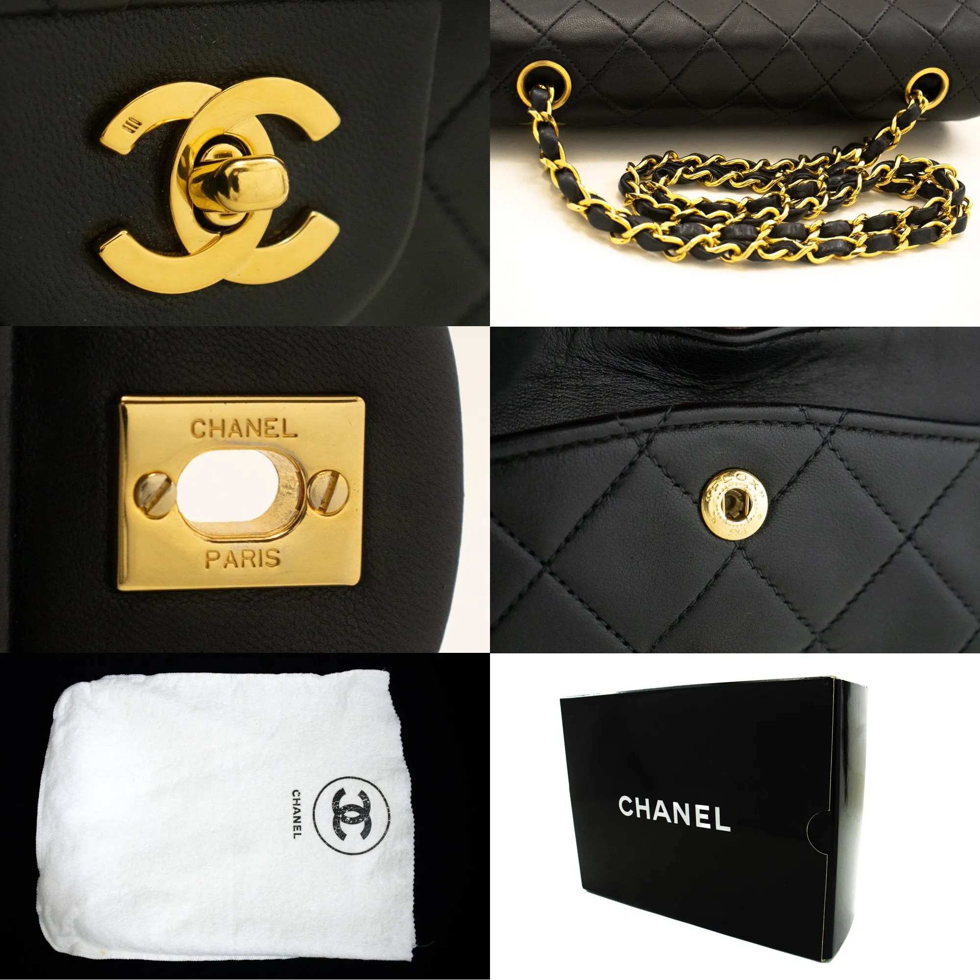 CHANEL Classic Double Flap 9" Chain Shoulder Bag Black Lambskin m64