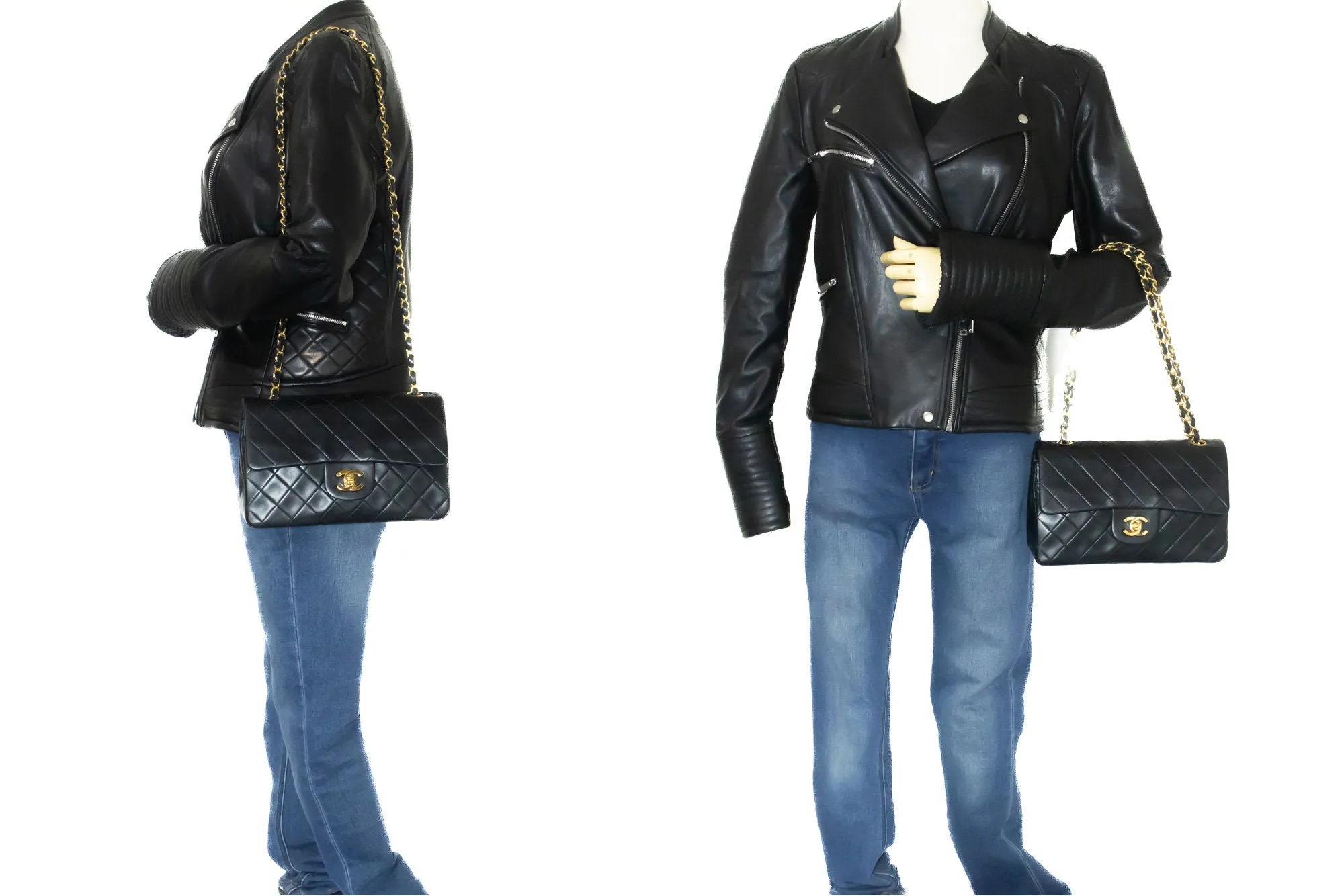 CHANEL Classic Double Flap 9" Chain Shoulder Bag Black Lambskin m64