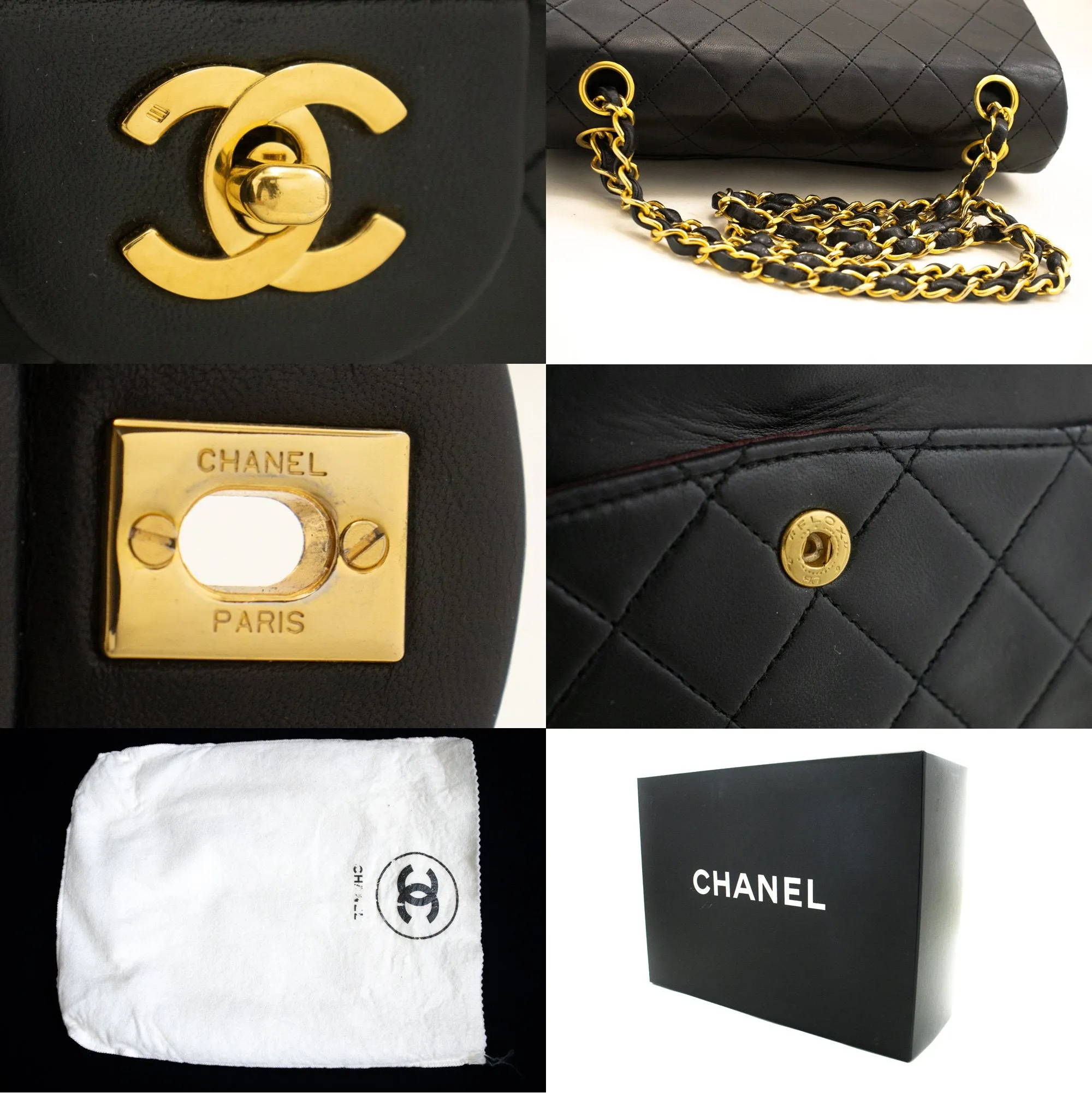 CHANEL Classic Double Flap 9" Chain Shoulder Bag Black Lambskin m89