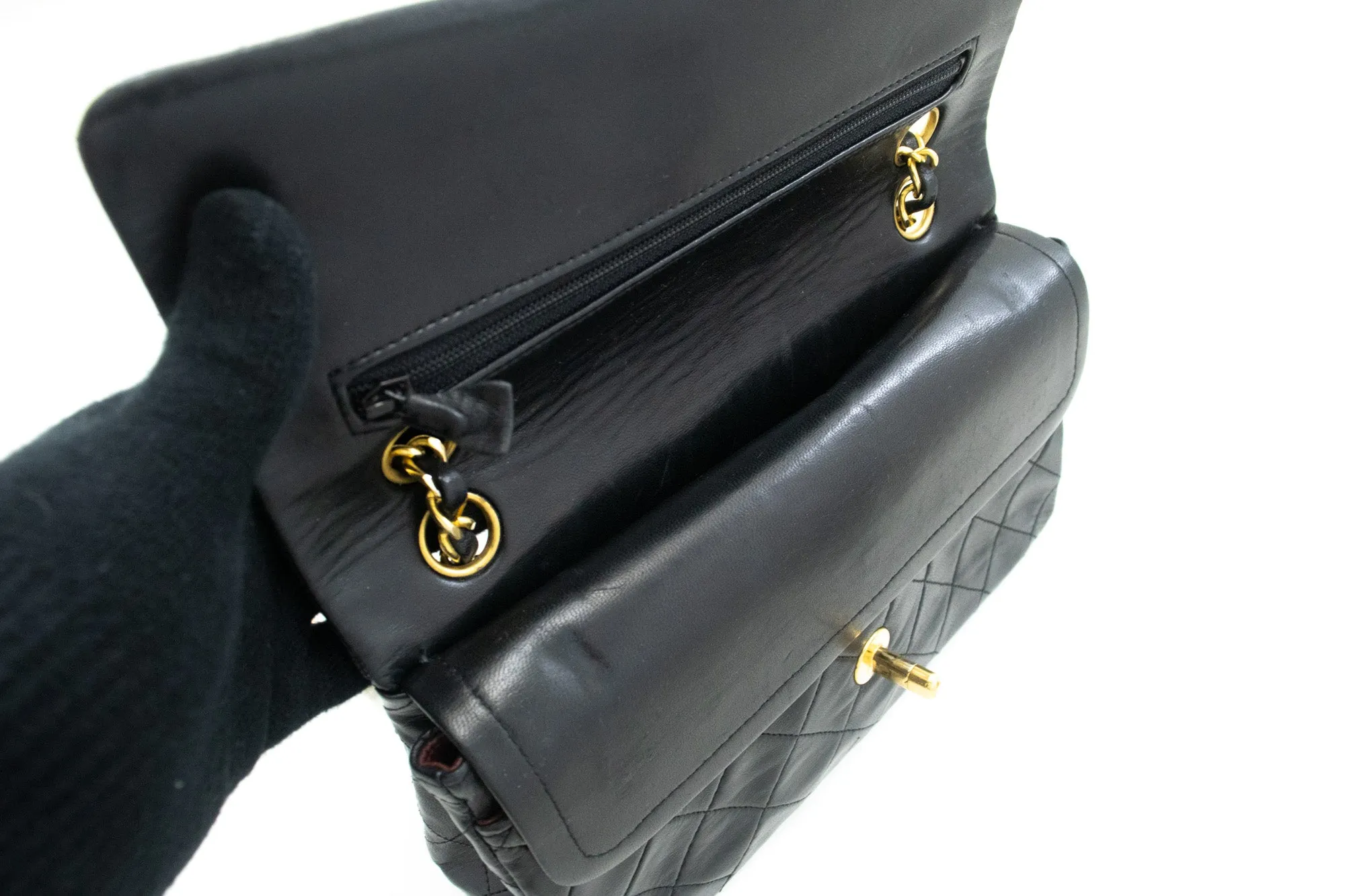 CHANEL Classic Double Flap 9" Chain Shoulder Bag Black Lambskin m89