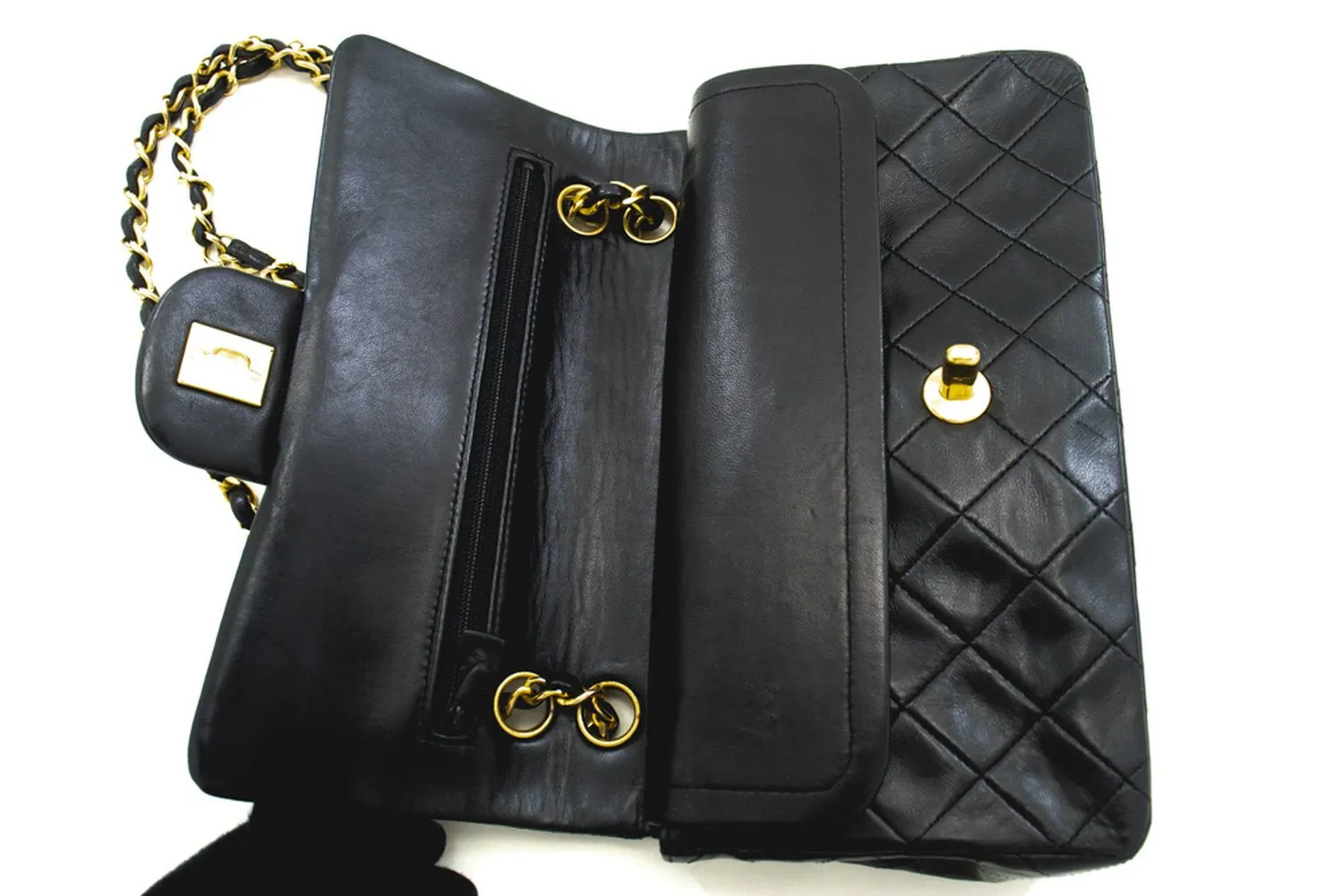CHANEL Classic Double Flap 9" Chain Shoulder Bag Black Lambskin m89