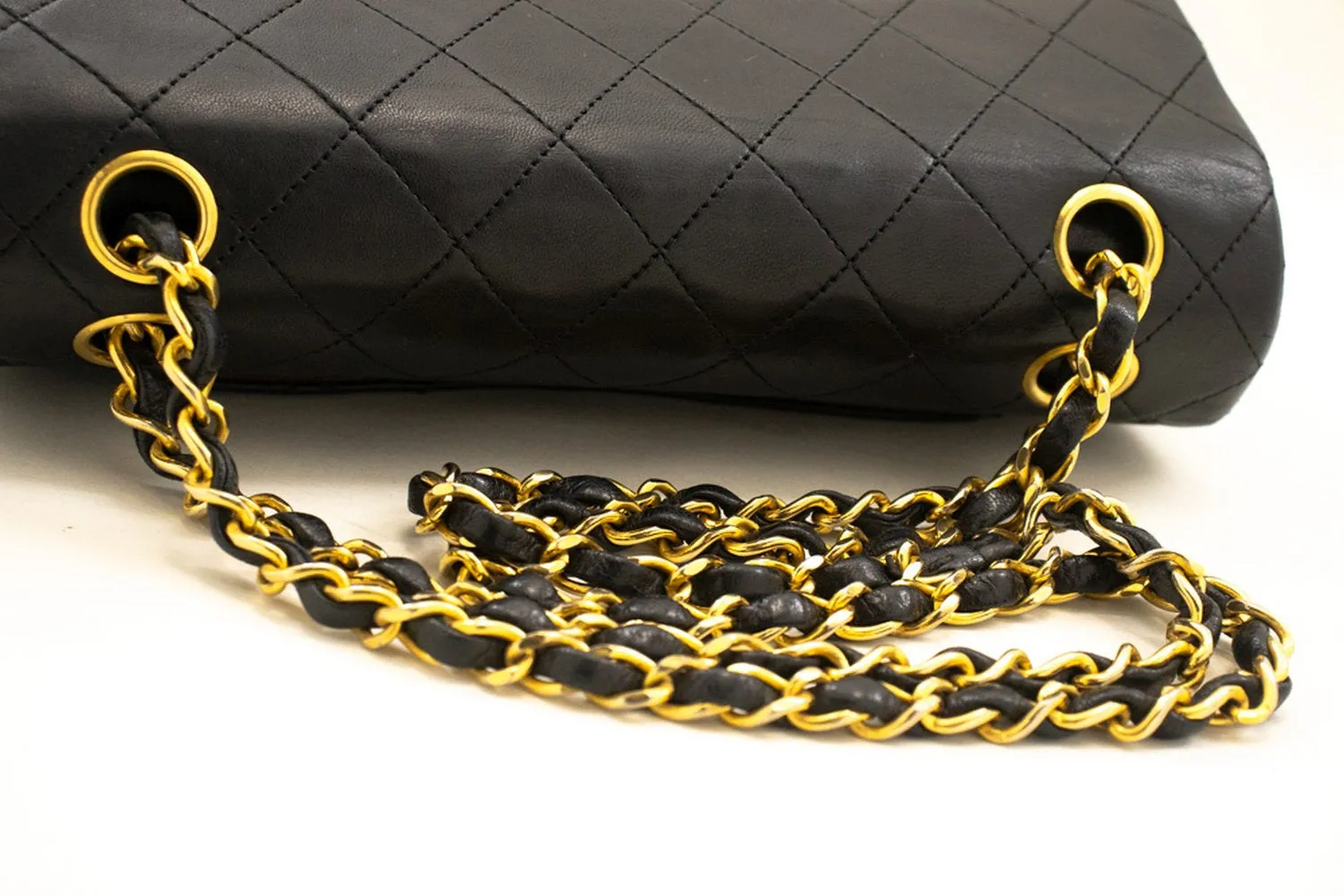 CHANEL Classic Double Flap 9" Chain Shoulder Bag Black Lambskin m89