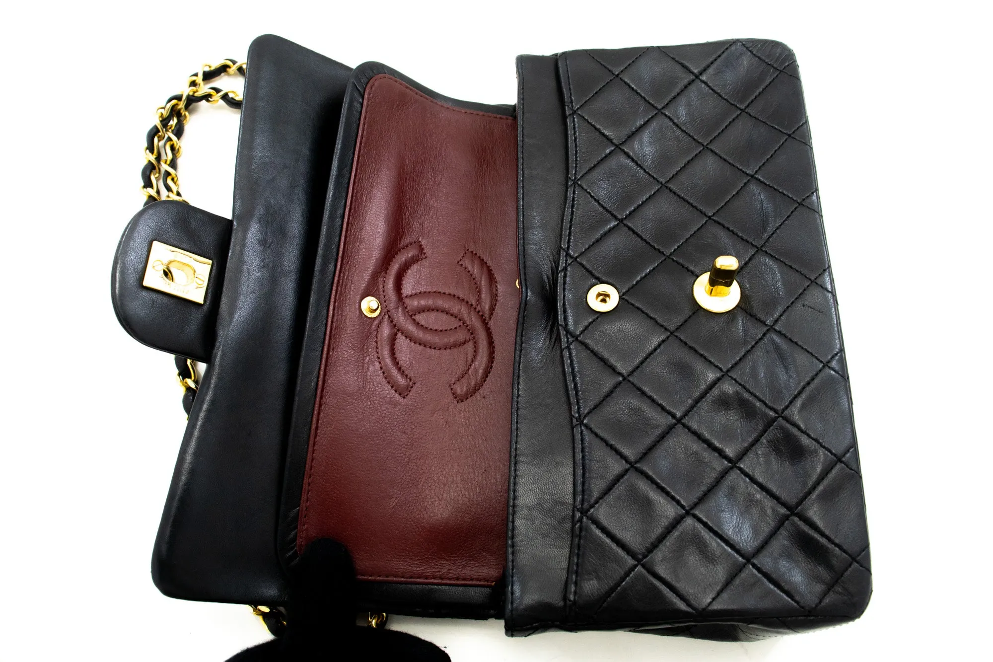 CHANEL Classic Double Flap 9" Chain Shoulder Bag Black Lambskin m89