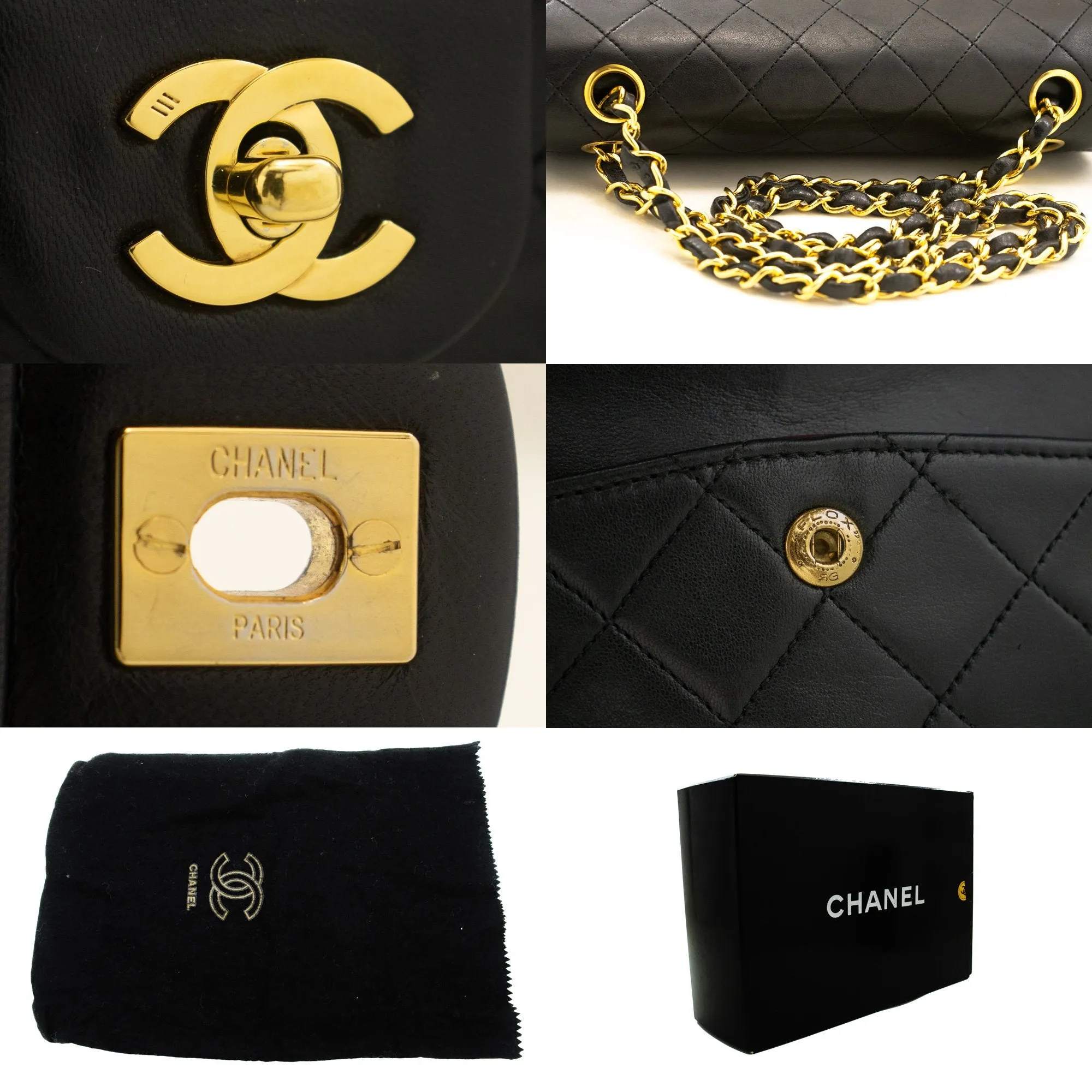 CHANEL Classic Double Flap 9" Chain Shoulder Bag Black Lambskin n02