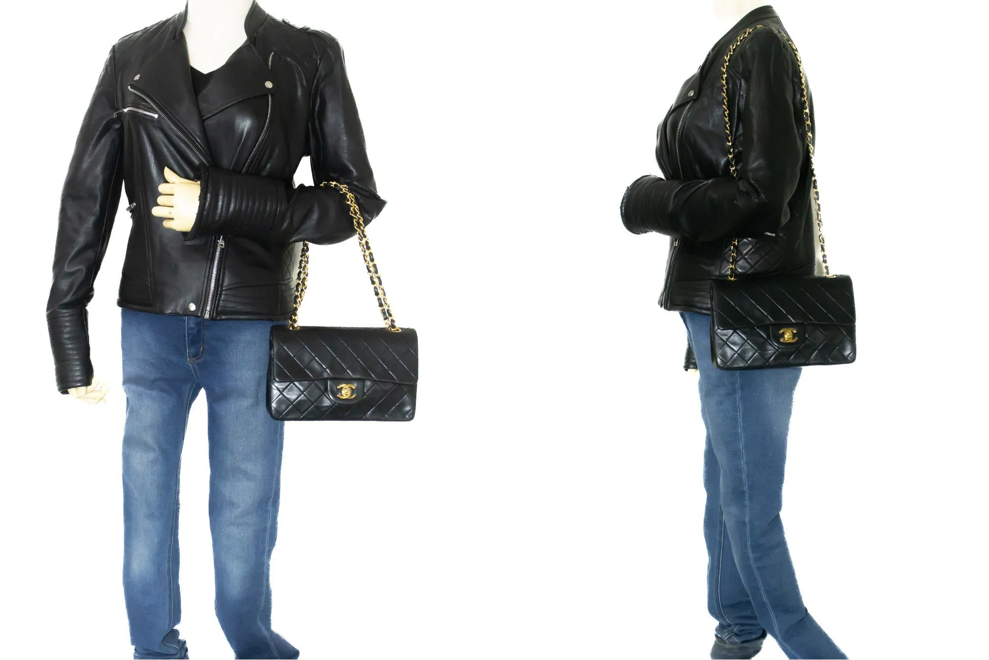 CHANEL Classic Double Flap 9" Chain Shoulder Bag Black Lambskin n02