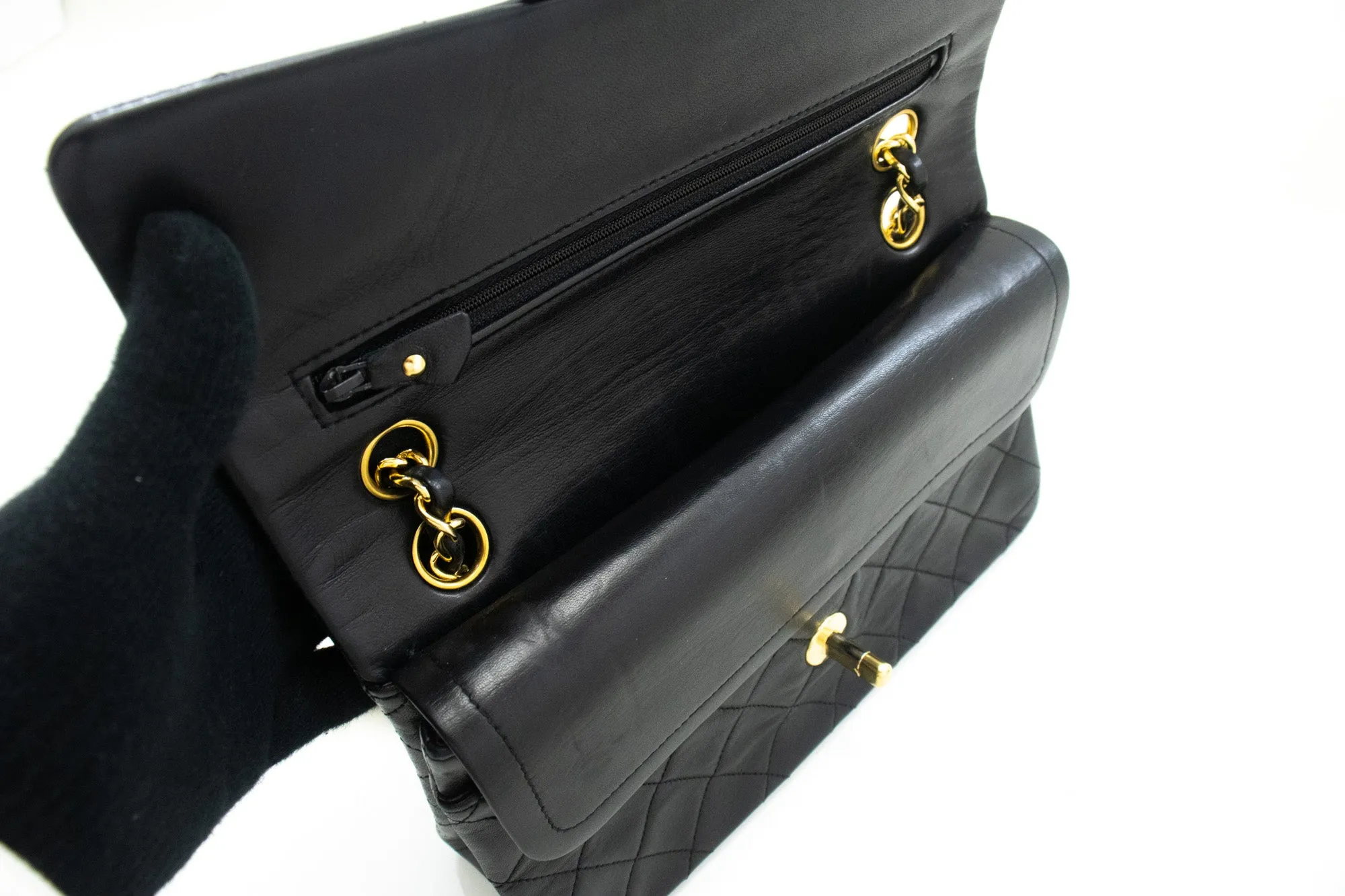 CHANEL Classic Double Flap 9" Chain Shoulder Bag Black Lambskin n02