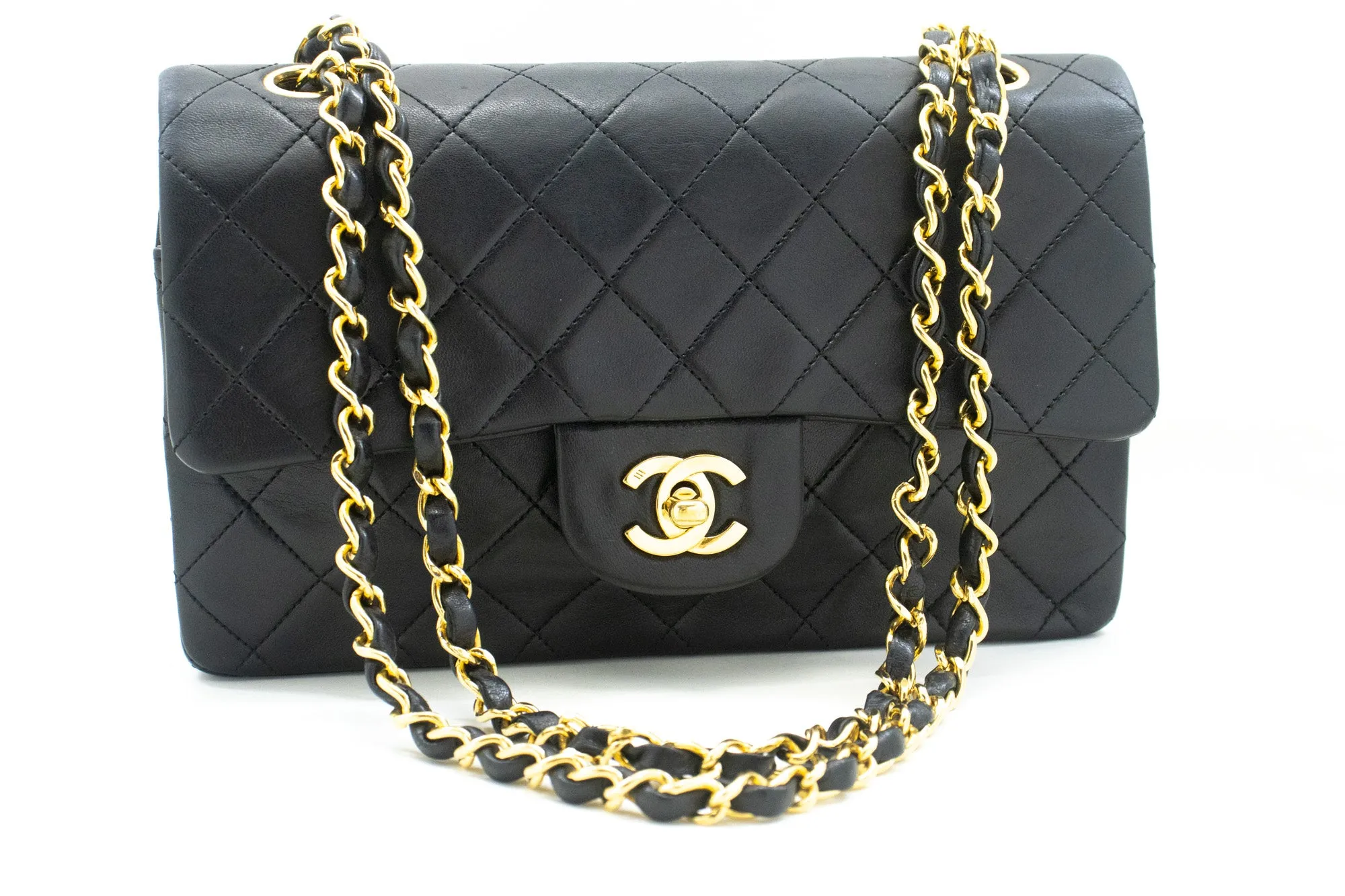 CHANEL Classic Double Flap 9" Chain Shoulder Bag Black Lambskin n02