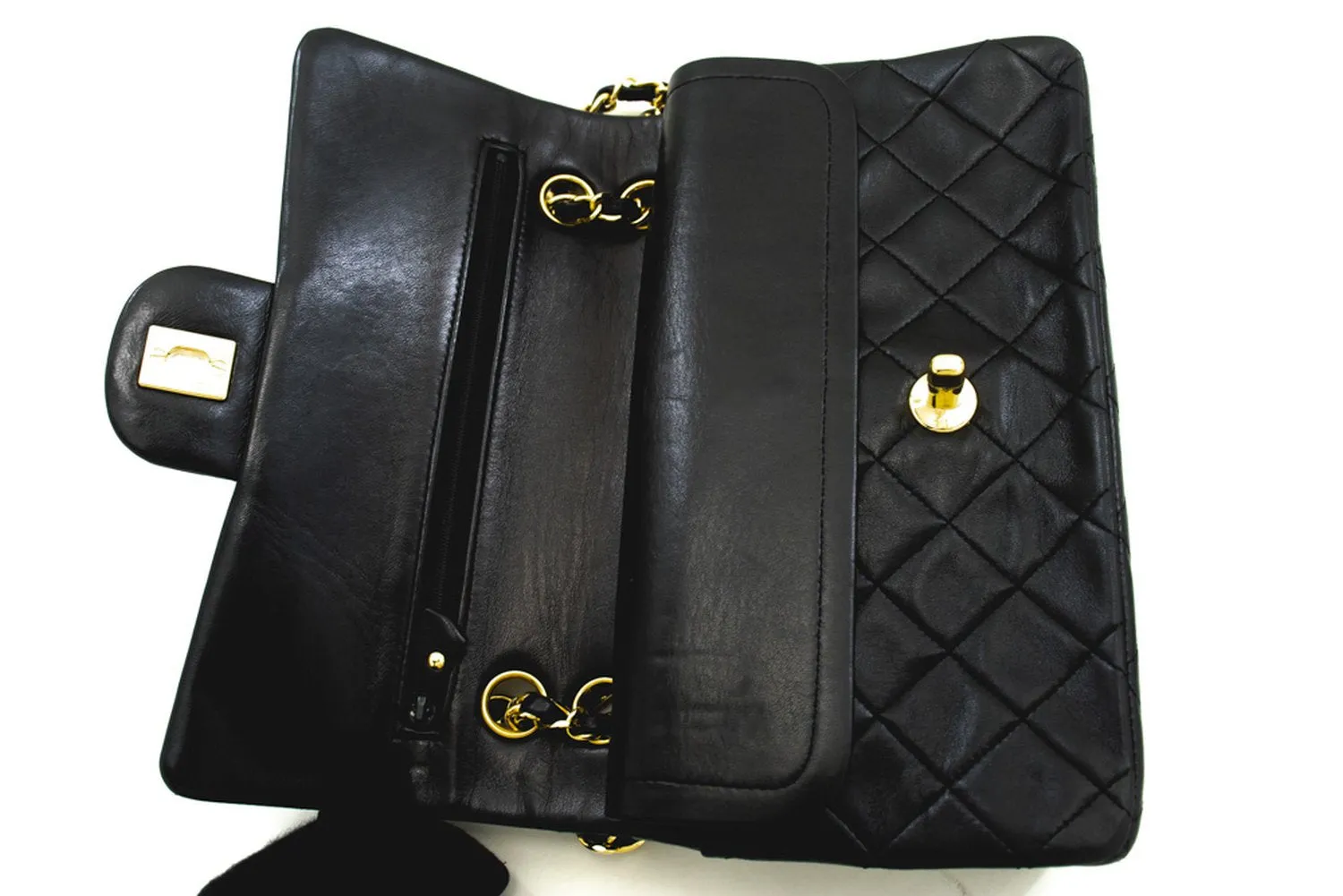 CHANEL Classic Double Flap 9" Chain Shoulder Bag Black Lambskin n02