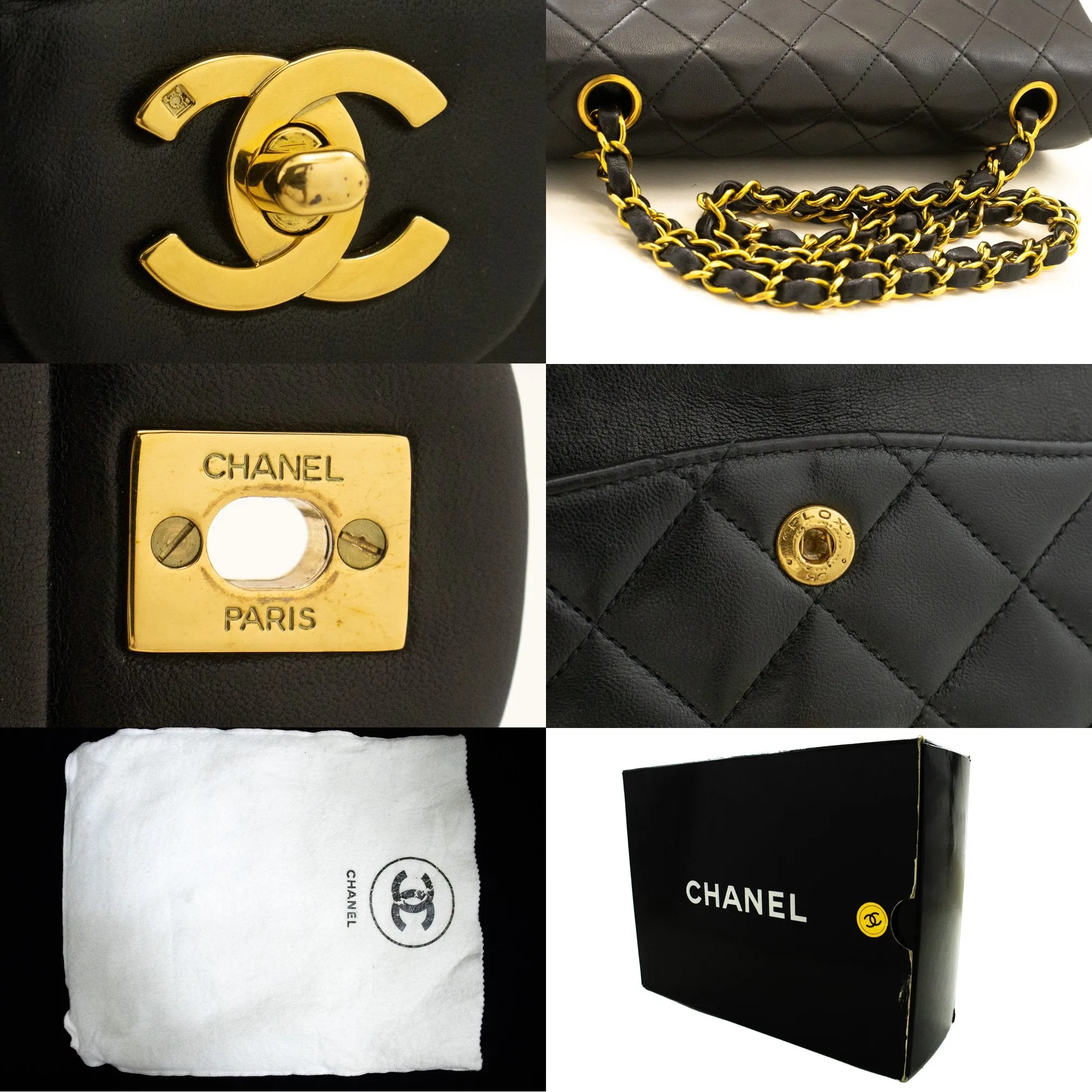 CHANEL Classic Double Flap 9" Chain Shoulder Bag Black Lambskin n31