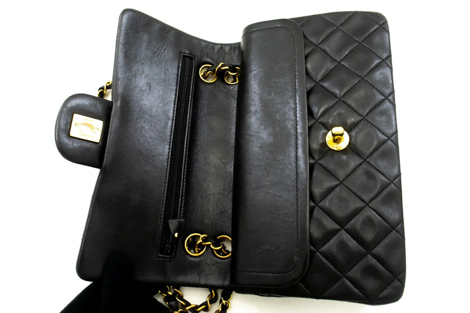 CHANEL Classic Double Flap 9" Chain Shoulder Bag Black Lambskin n31