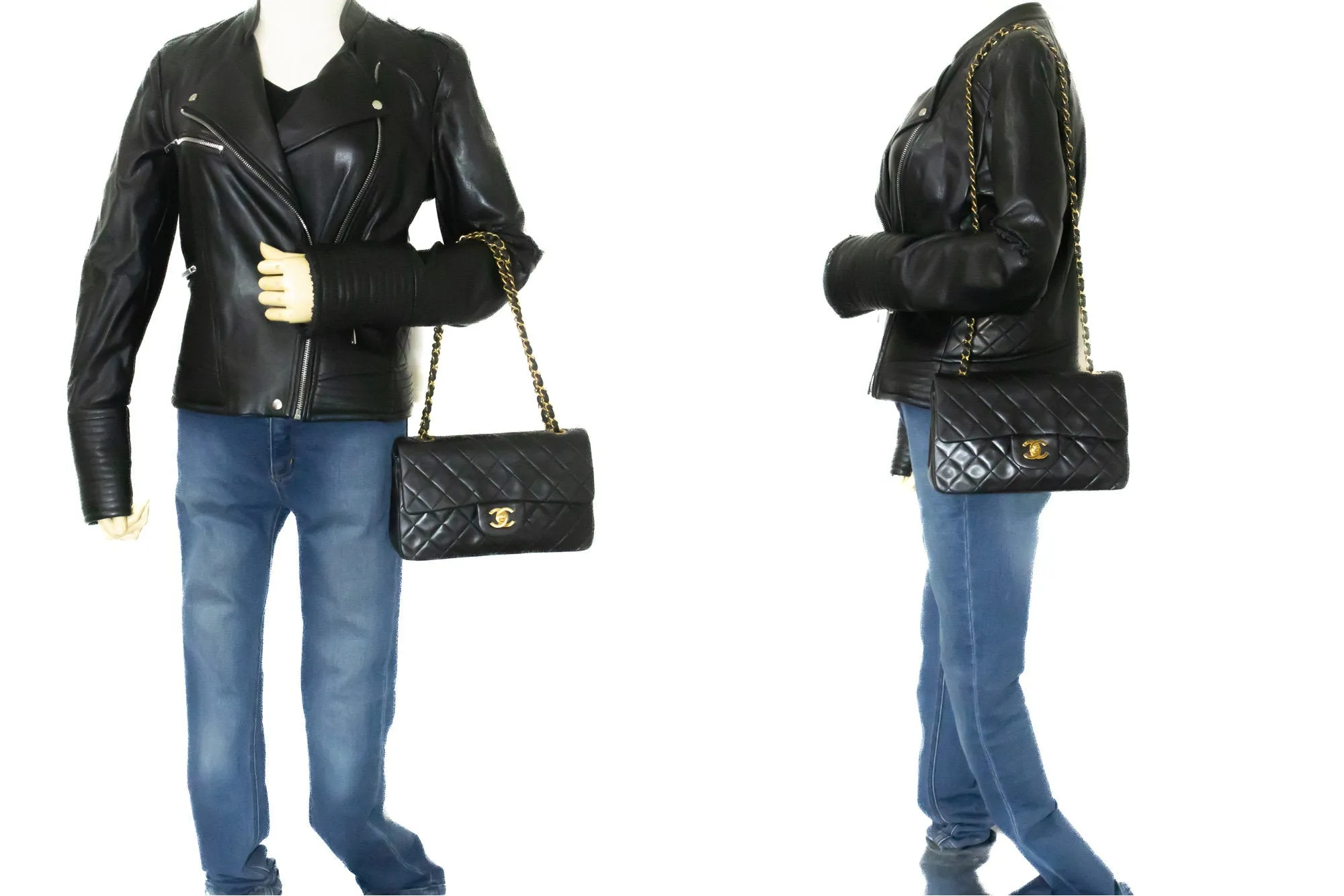 CHANEL Classic Double Flap 9" Chain Shoulder Bag Black Lambskin n31