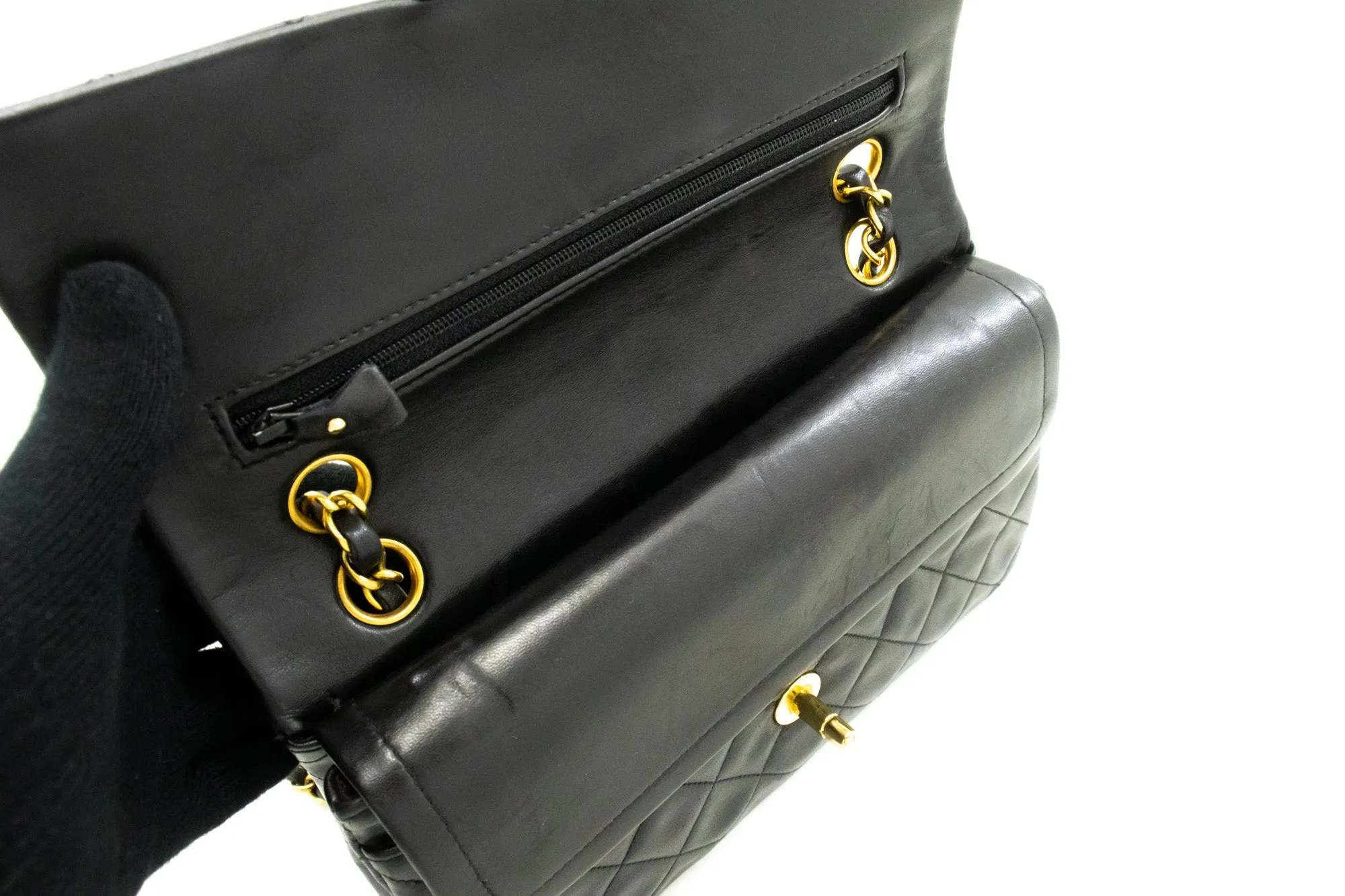 CHANEL Classic Double Flap 9" Chain Shoulder Bag Black Lambskin n31