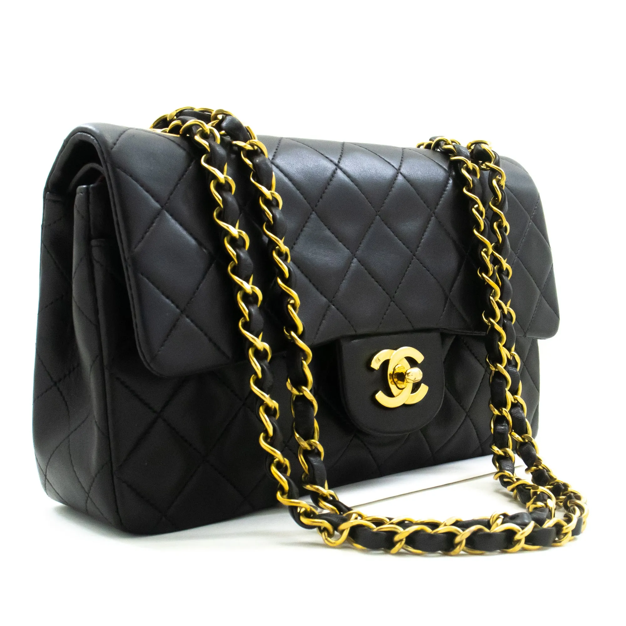CHANEL Classic Double Flap 9" Chain Shoulder Bag Black Lambskin n31