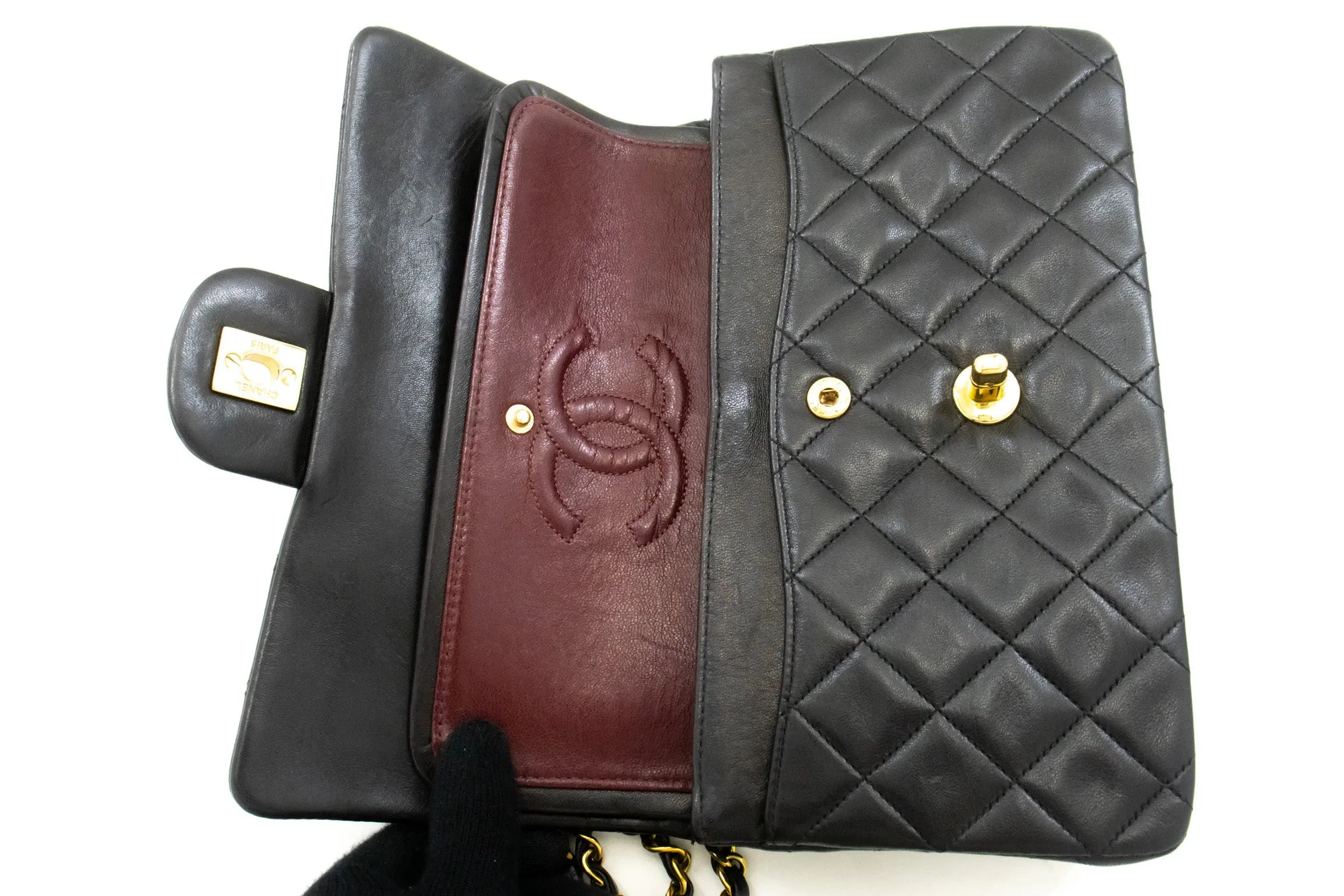 CHANEL Classic Double Flap 9" Chain Shoulder Bag Black Lambskin n31