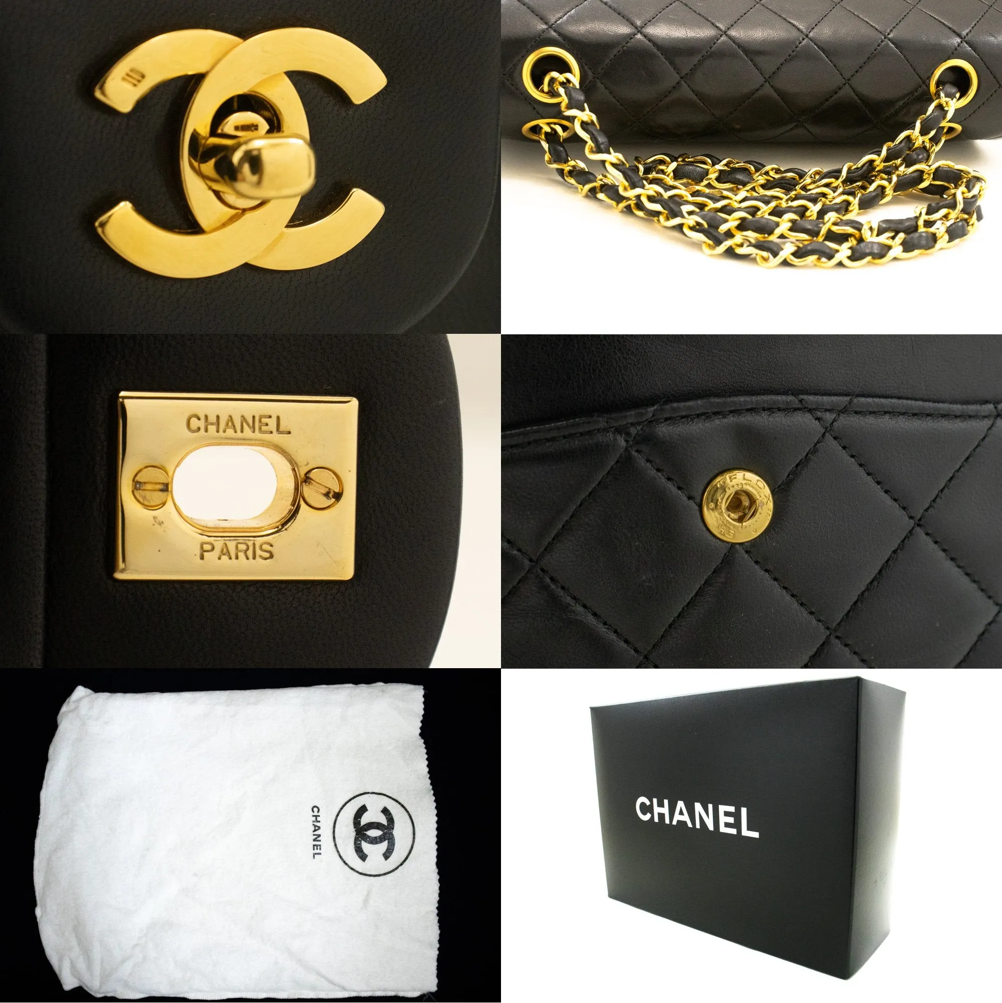 CHANEL Classic Double Flap 9" Chain Shoulder Bag Black Lambskin n33