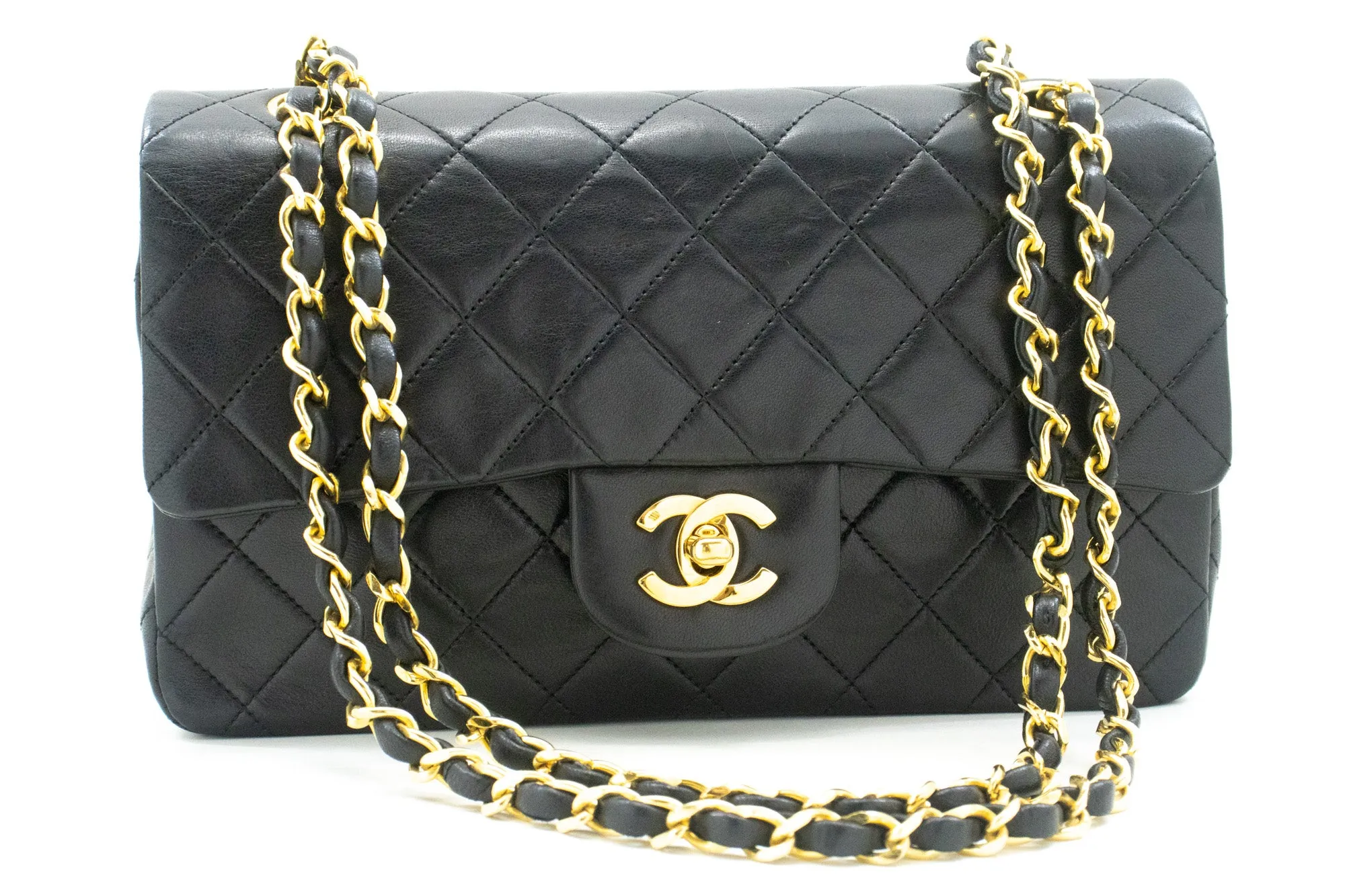 CHANEL Classic Double Flap 9" Chain Shoulder Bag Black Lambskin n33