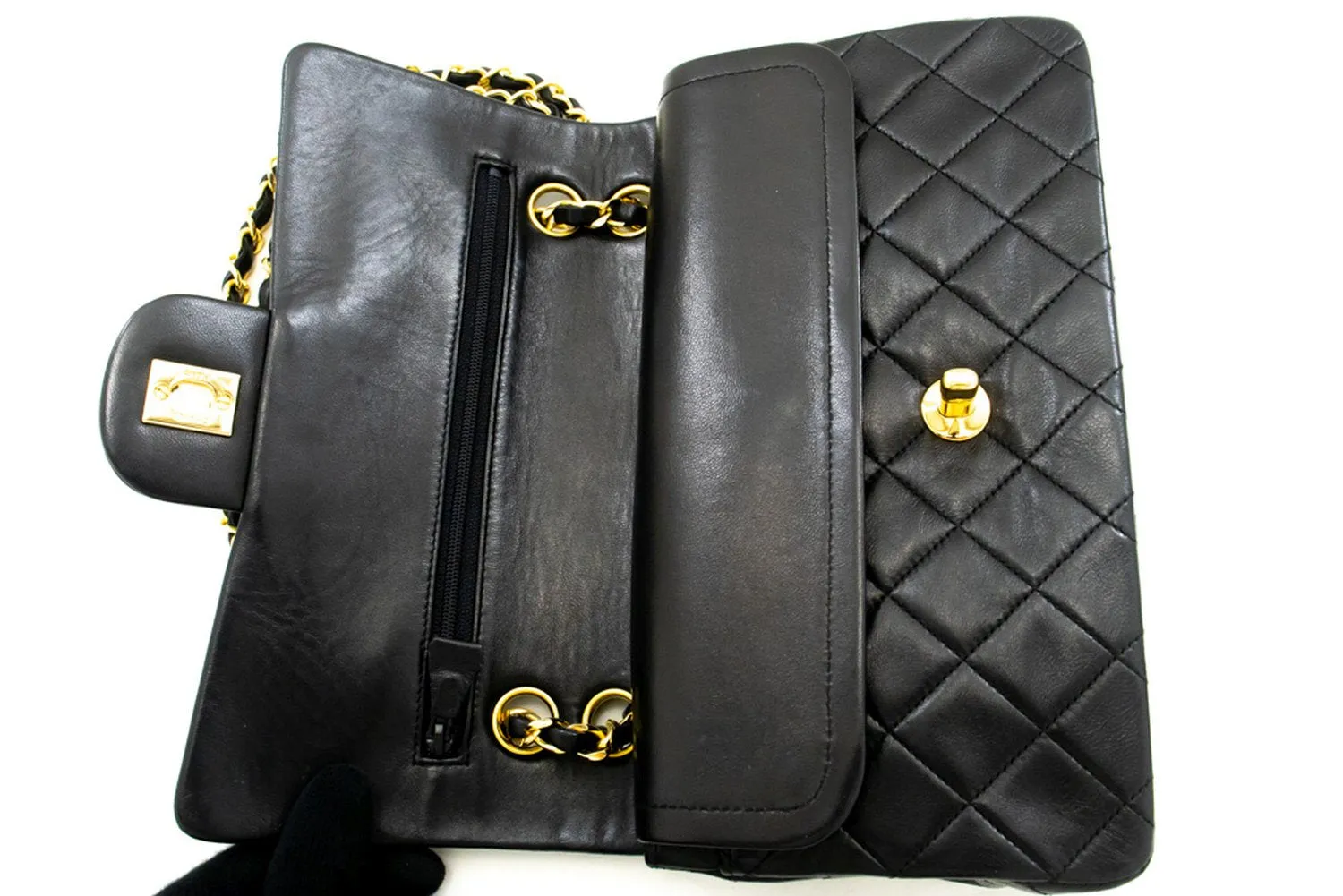 CHANEL Classic Double Flap 9" Chain Shoulder Bag Black Lambskin n33