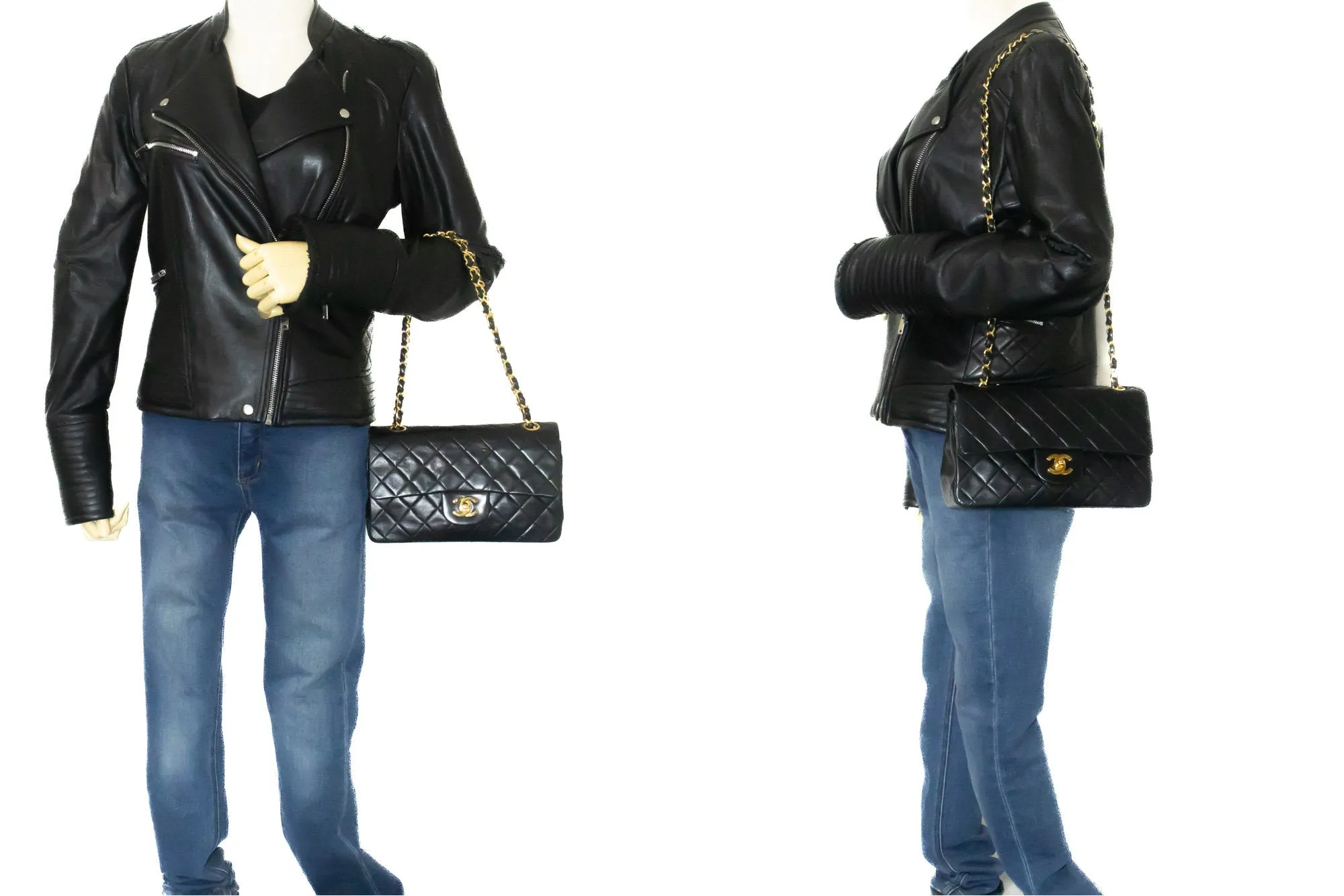 CHANEL Classic Double Flap 9" Chain Shoulder Bag Black Lambskin n33