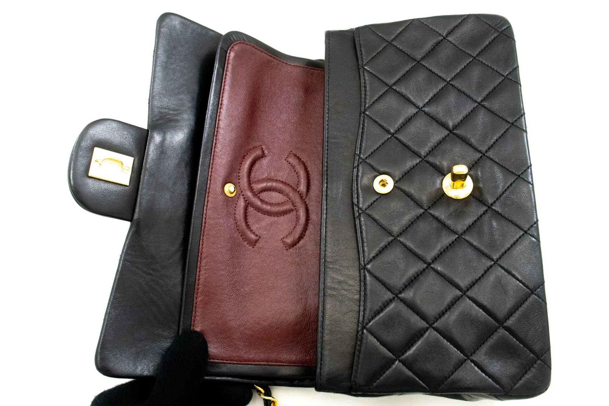 CHANEL Classic Double Flap 9" Chain Shoulder Bag Black Lambskin n33