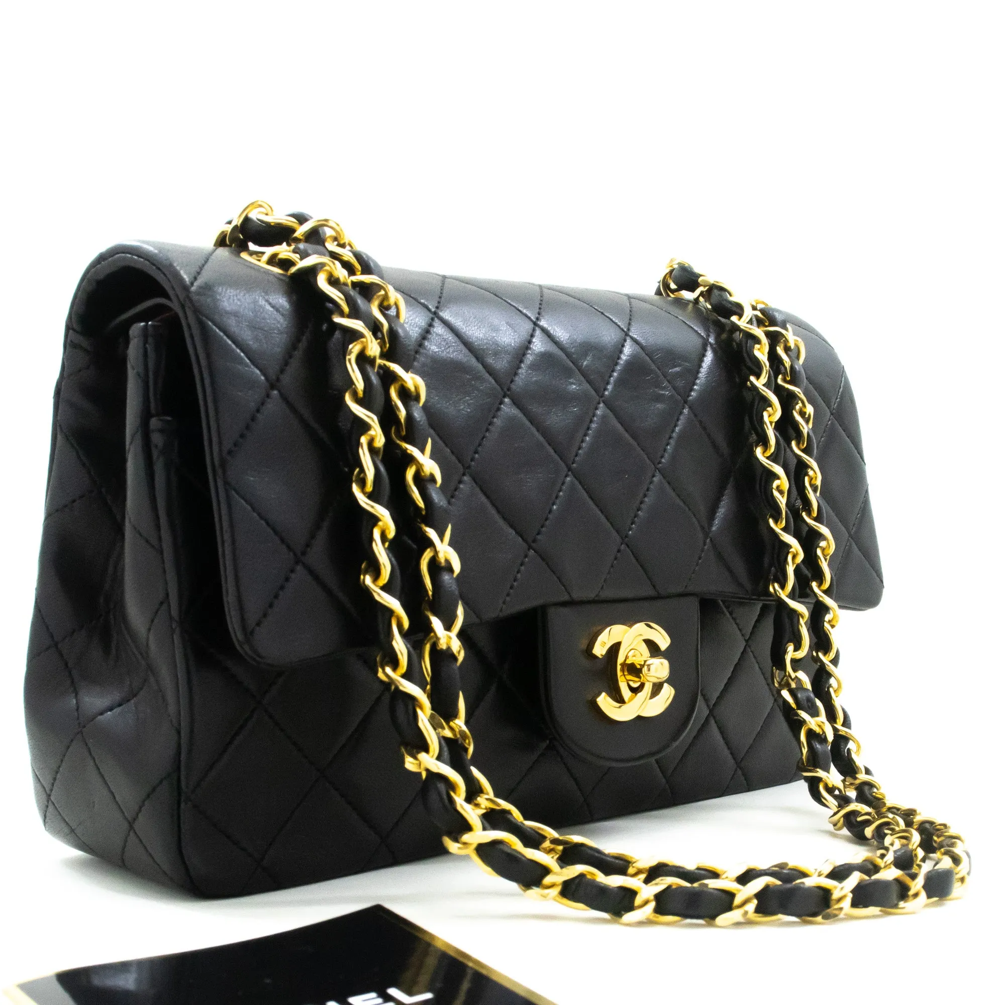 CHANEL Classic Double Flap 9" Chain Shoulder Bag Black Lambskin n33