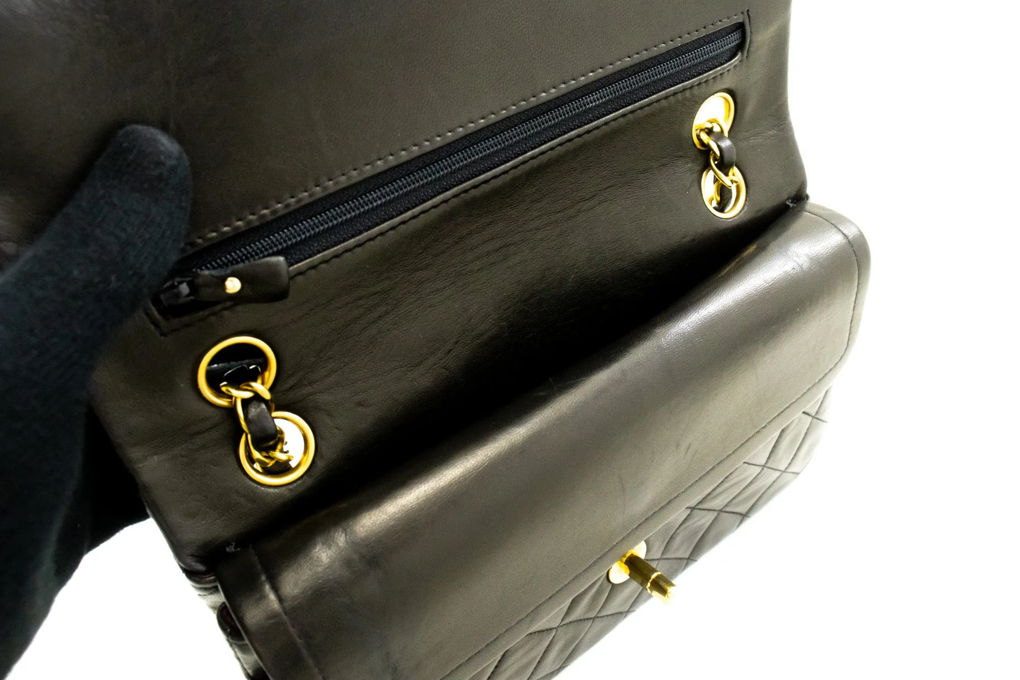 CHANEL Classic Double Flap 9" Chain Shoulder Bag Black Lambskin n95