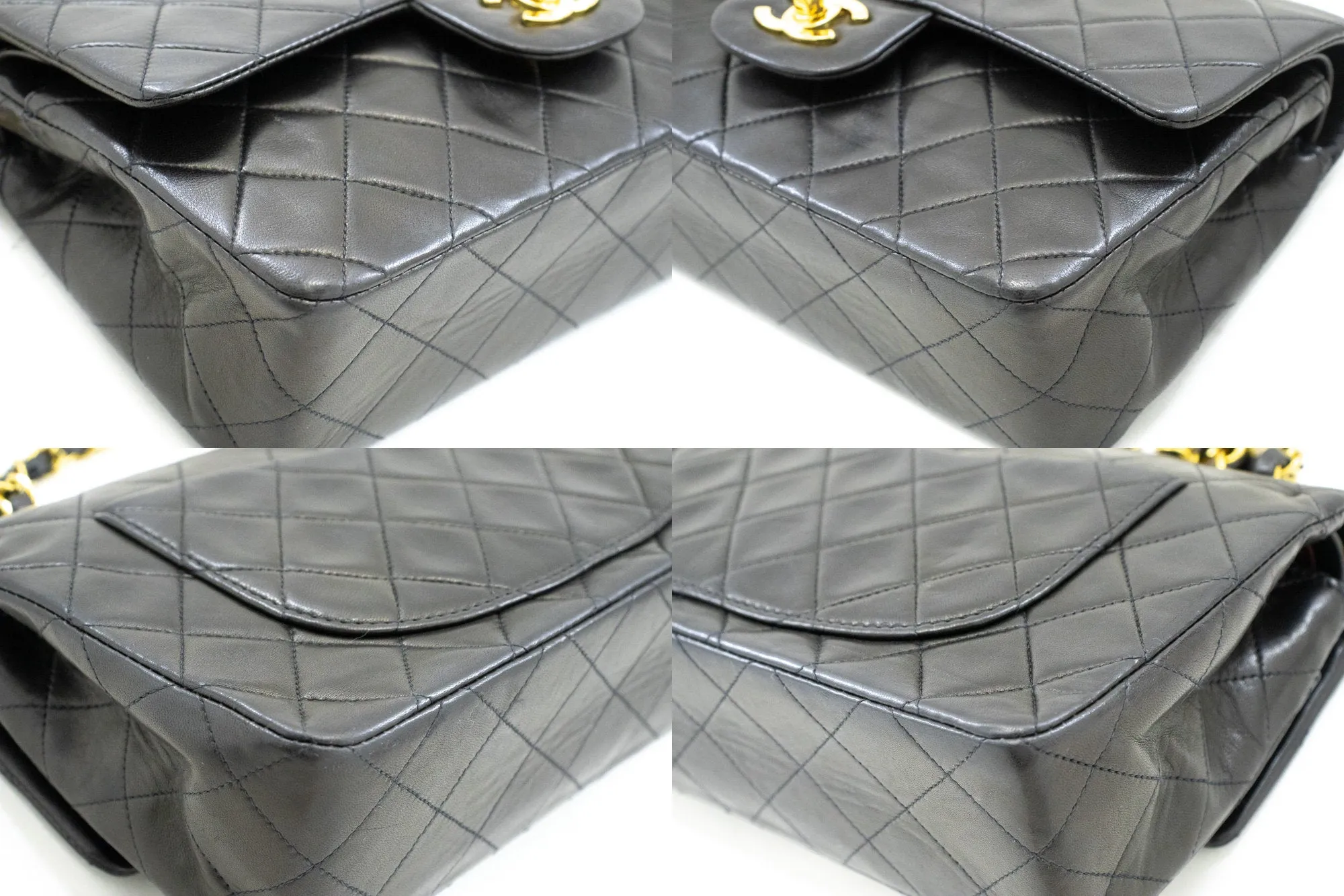 CHANEL Classic Double Flap 9" Chain Shoulder Bag Black Lambskin n95