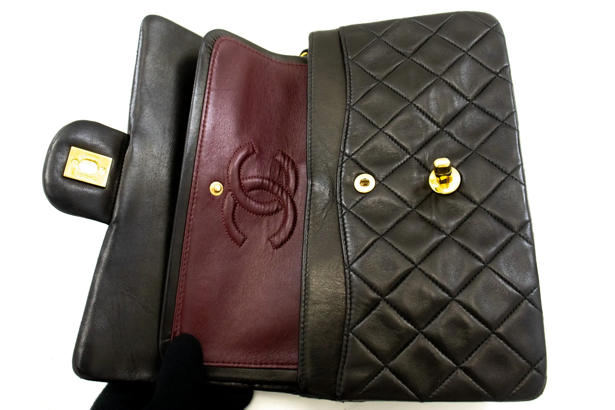 CHANEL Classic Double Flap 9" Chain Shoulder Bag Black Lambskin n95