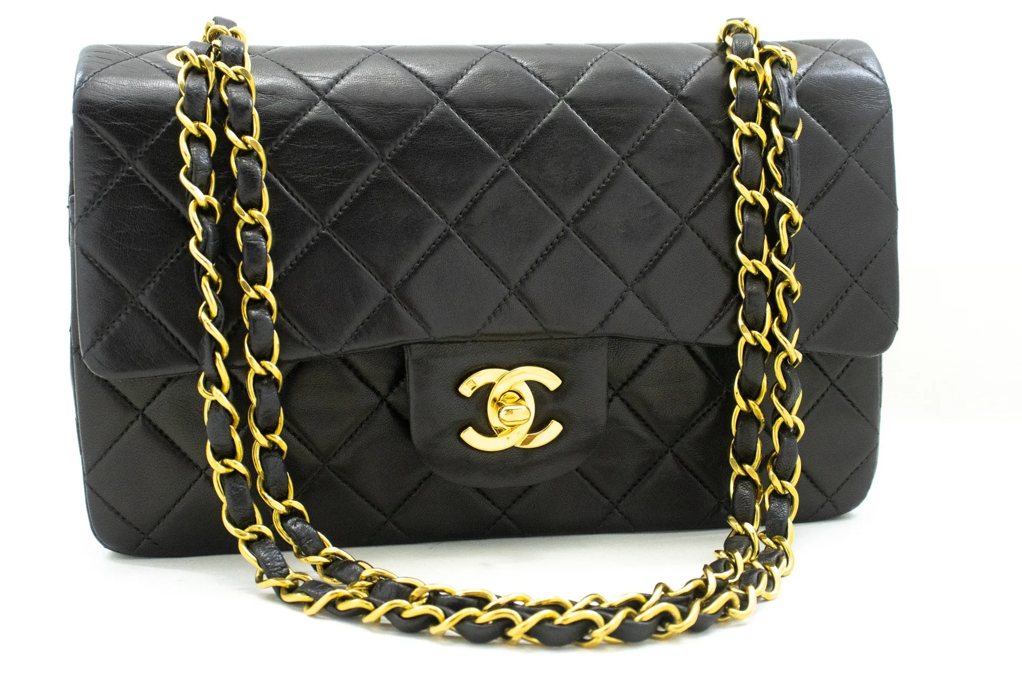 CHANEL Classic Double Flap 9" Chain Shoulder Bag Black Lambskin n95