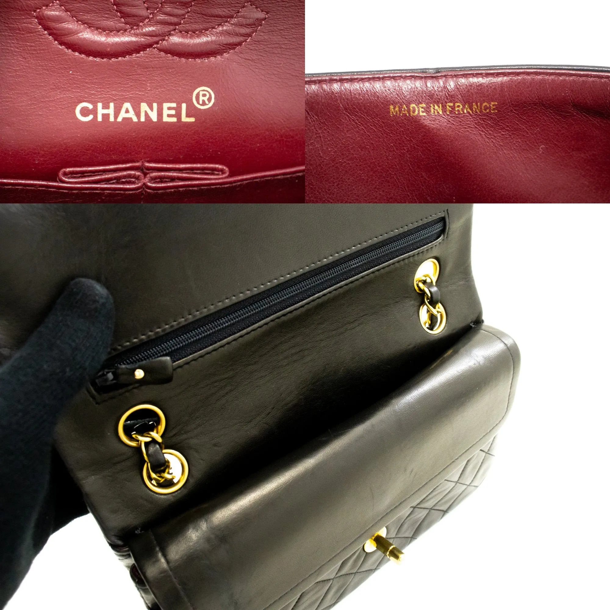 CHANEL Classic Double Flap 9" Chain Shoulder Bag Black Lambskin n95