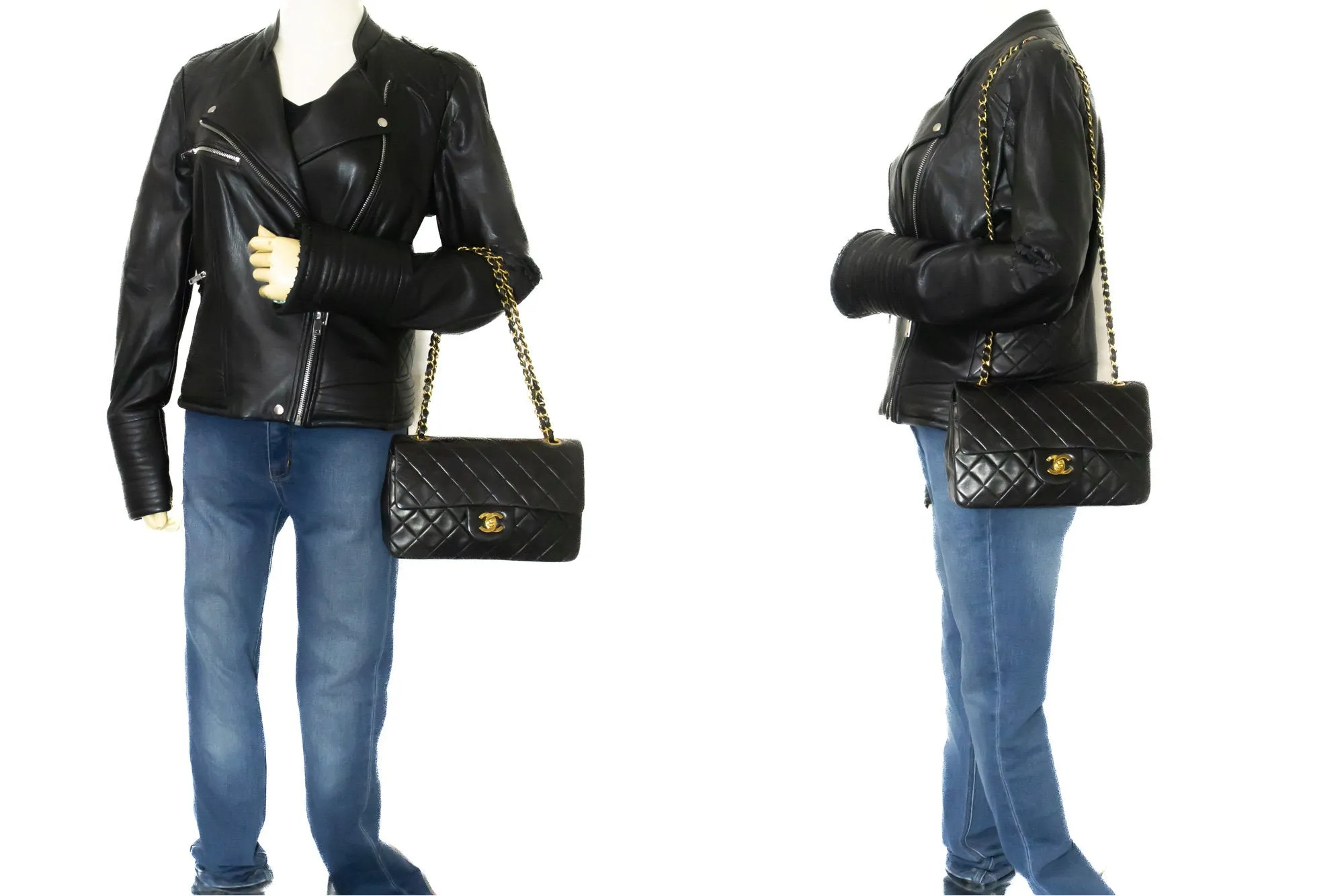 CHANEL Classic Double Flap 9" Chain Shoulder Bag Black Lambskin n95