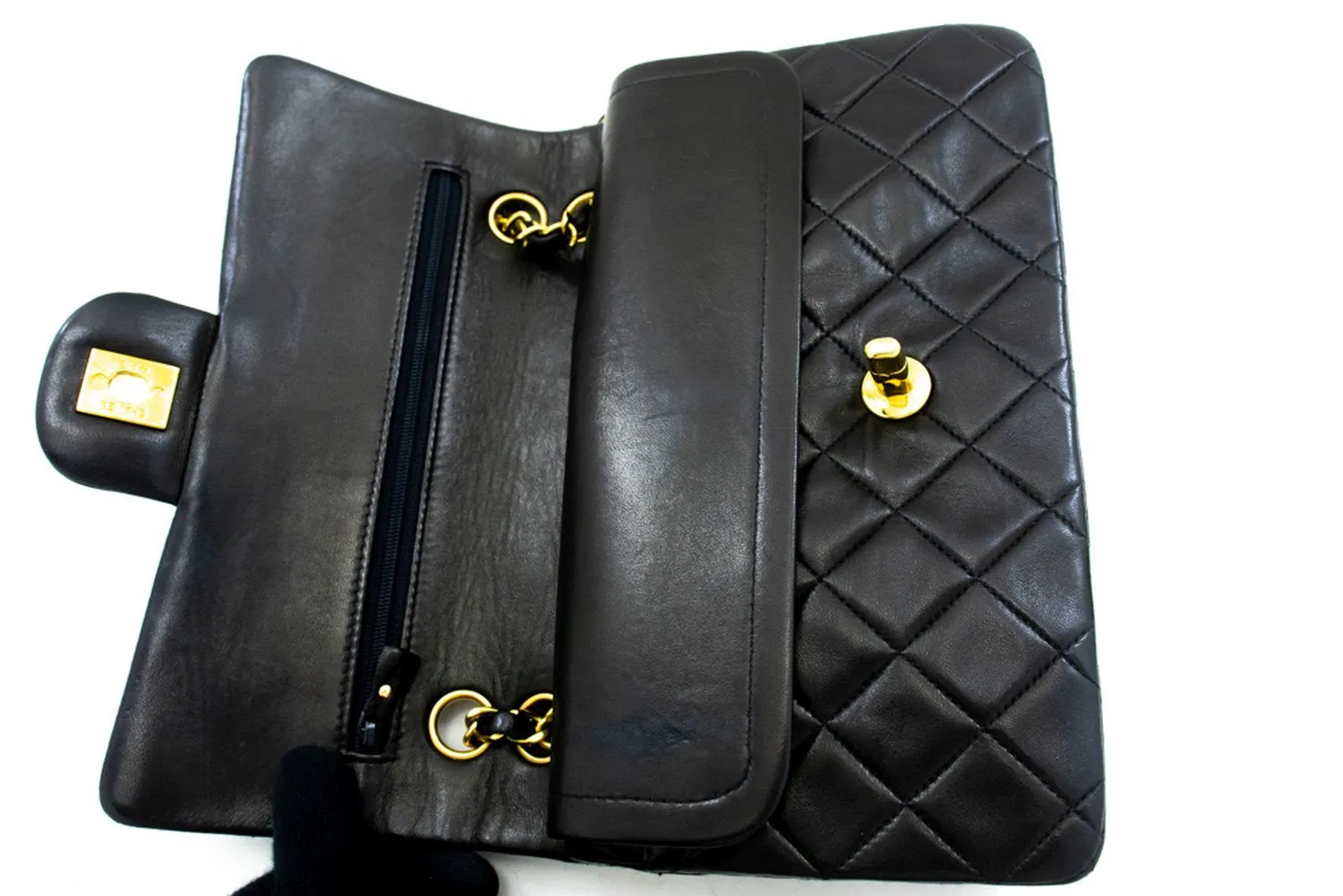 CHANEL Classic Double Flap 9" Chain Shoulder Bag Black Lambskin n95