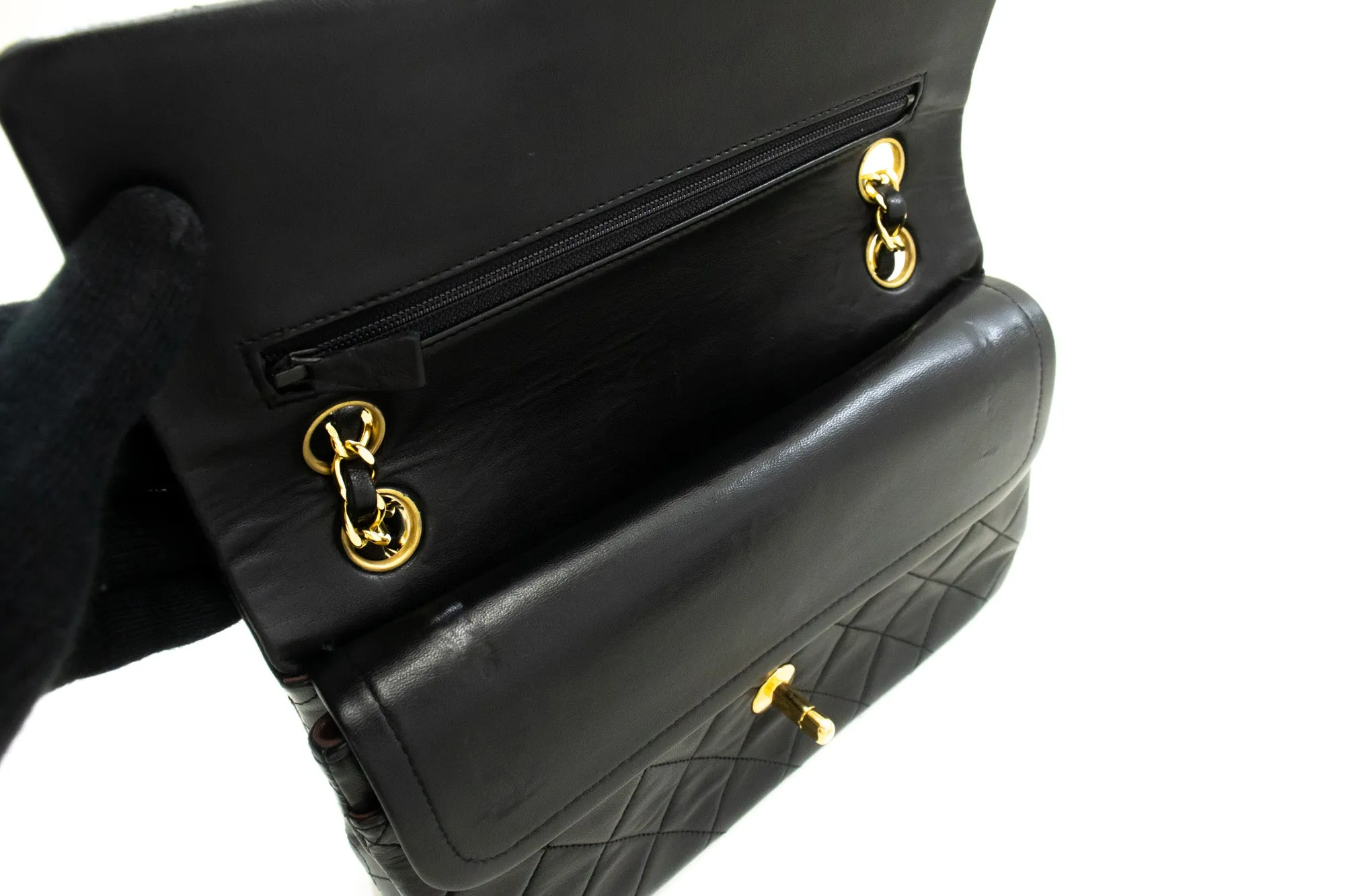 CHANEL Classic Double Flap 9" Chain Shoulder Bag Black Lambskin p02
