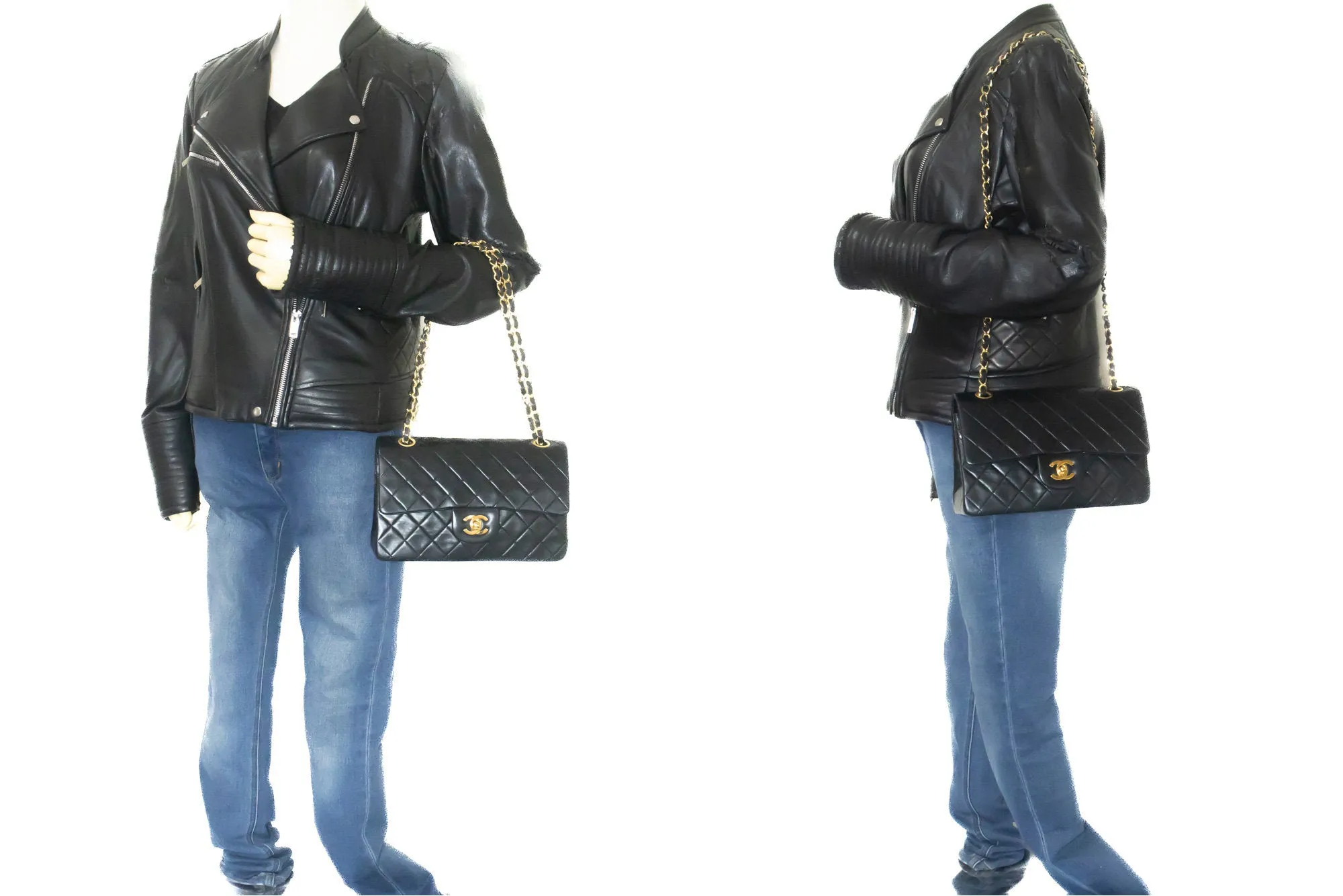 CHANEL Classic Double Flap 9" Chain Shoulder Bag Black Lambskin p02
