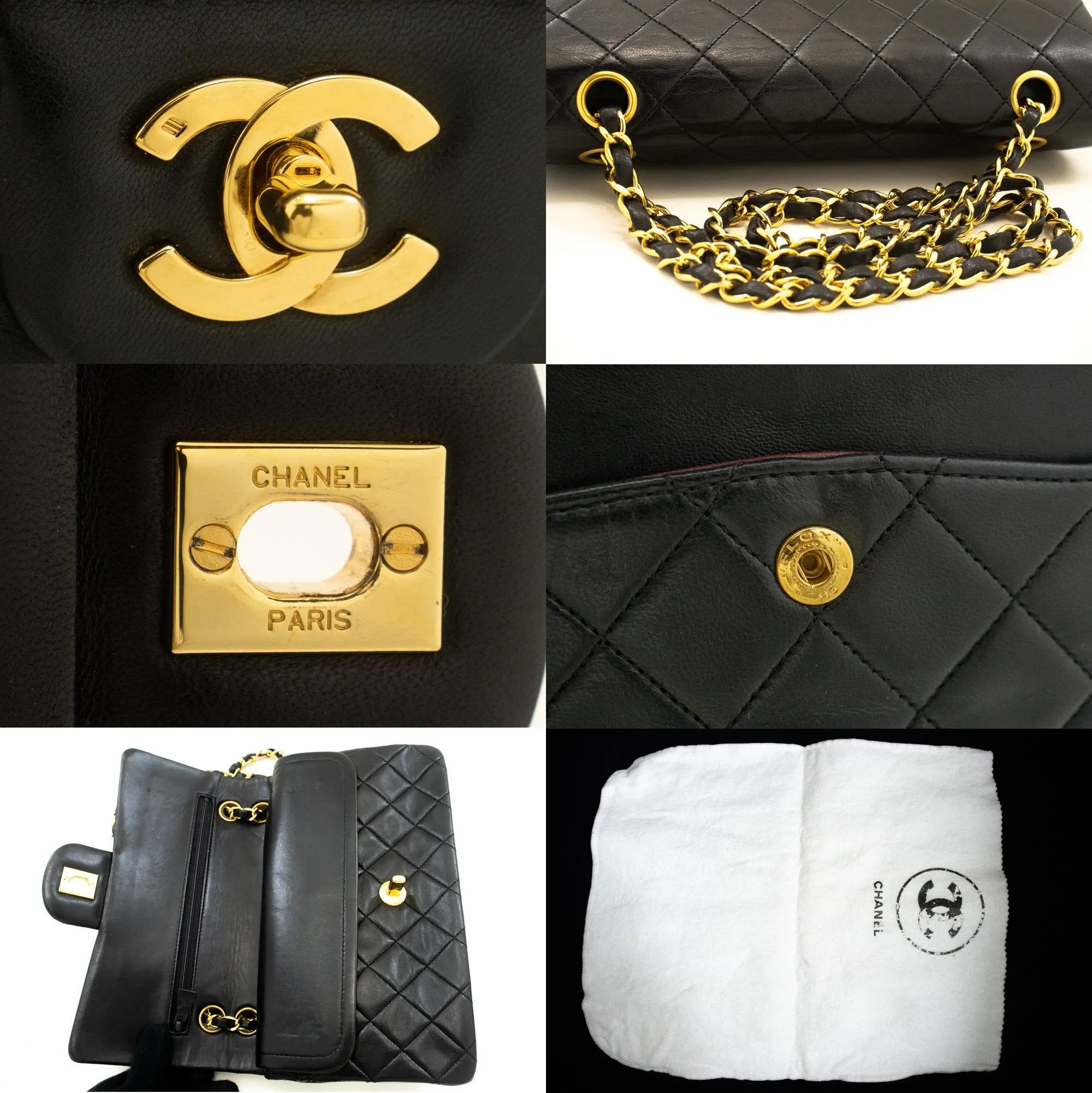 CHANEL Classic Double Flap 9" Chain Shoulder Bag Black Lambskin p02