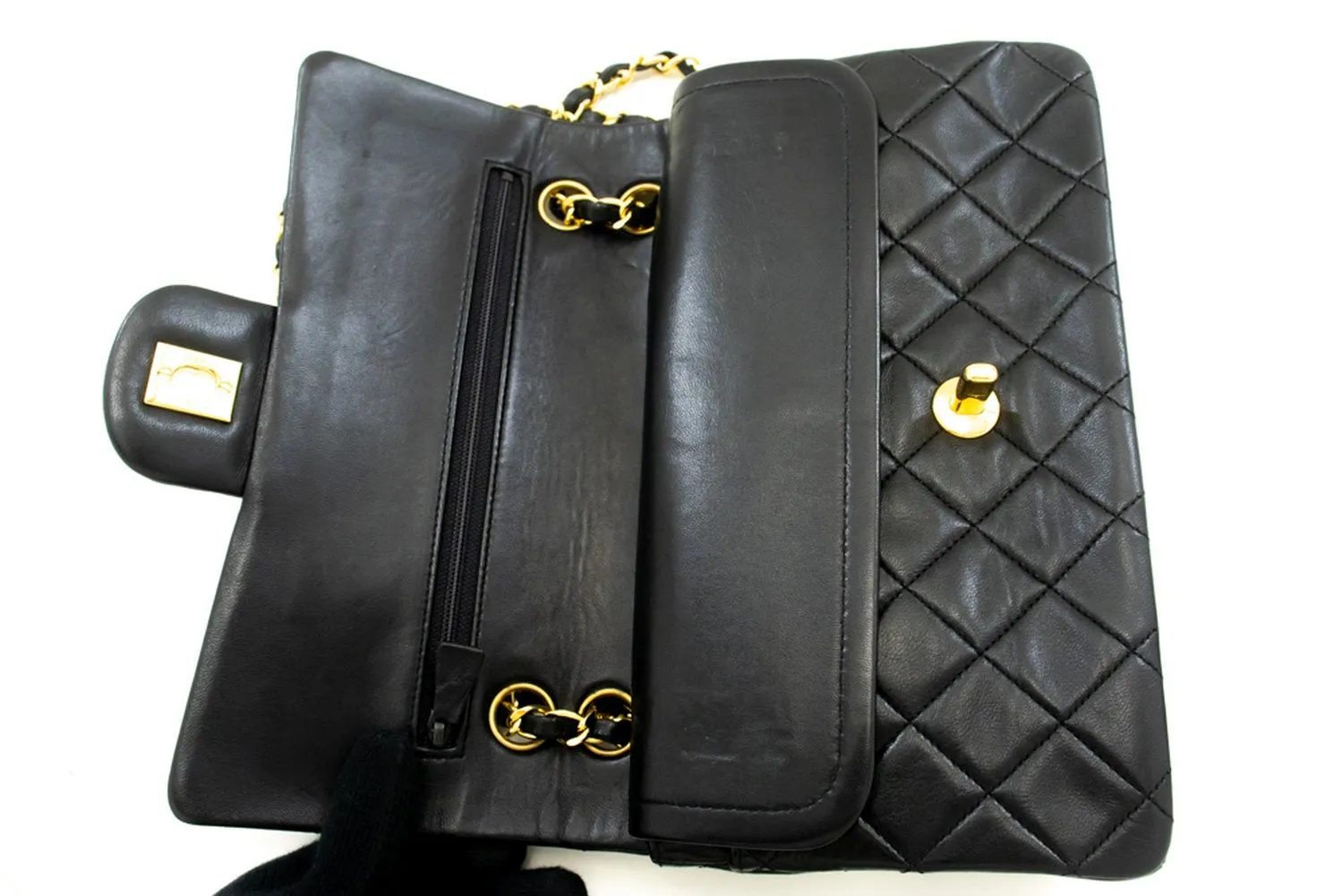 CHANEL Classic Double Flap 9" Chain Shoulder Bag Black Lambskin p02
