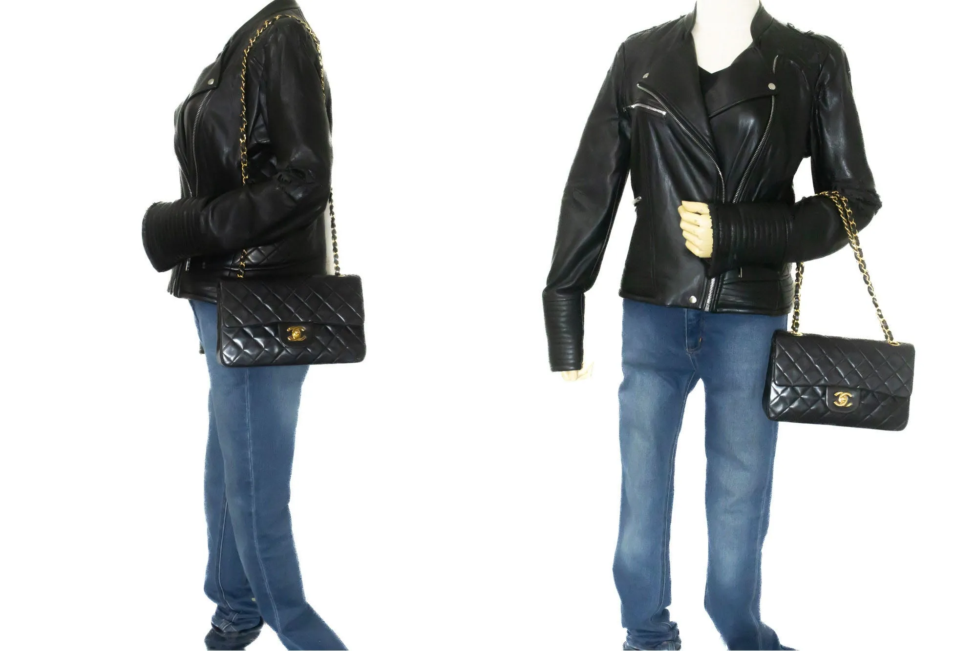 CHANEL Classic Double Flap 9" Chain Shoulder Bag Black Lambskin p54