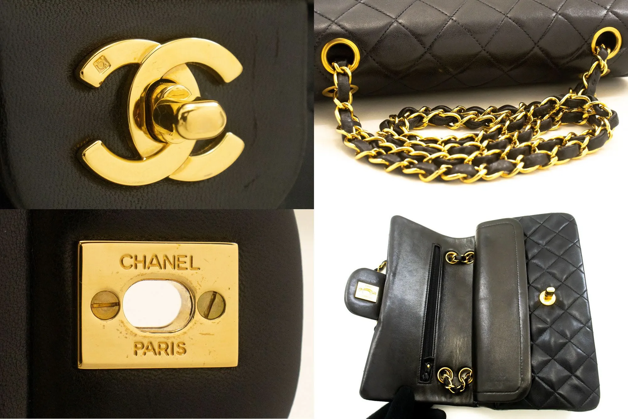 CHANEL Classic Double Flap 9" Chain Shoulder Bag Black Lambskin p54