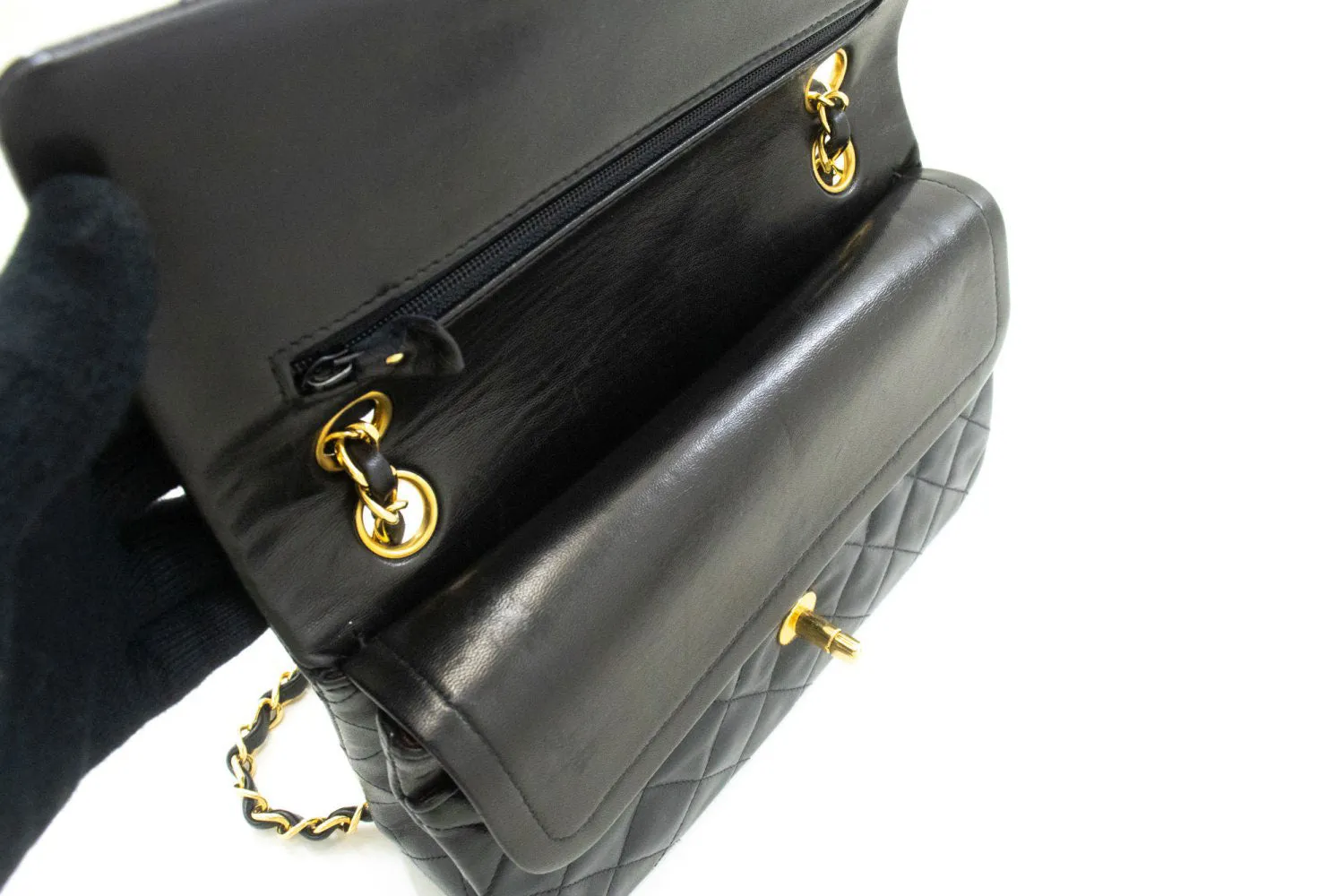 CHANEL Classic Double Flap 9" Chain Shoulder Bag Black Lambskin p54