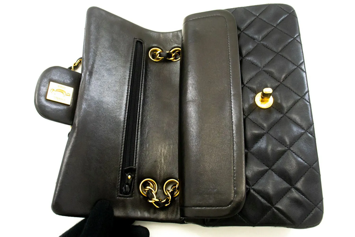 CHANEL Classic Double Flap 9" Chain Shoulder Bag Black Lambskin p54