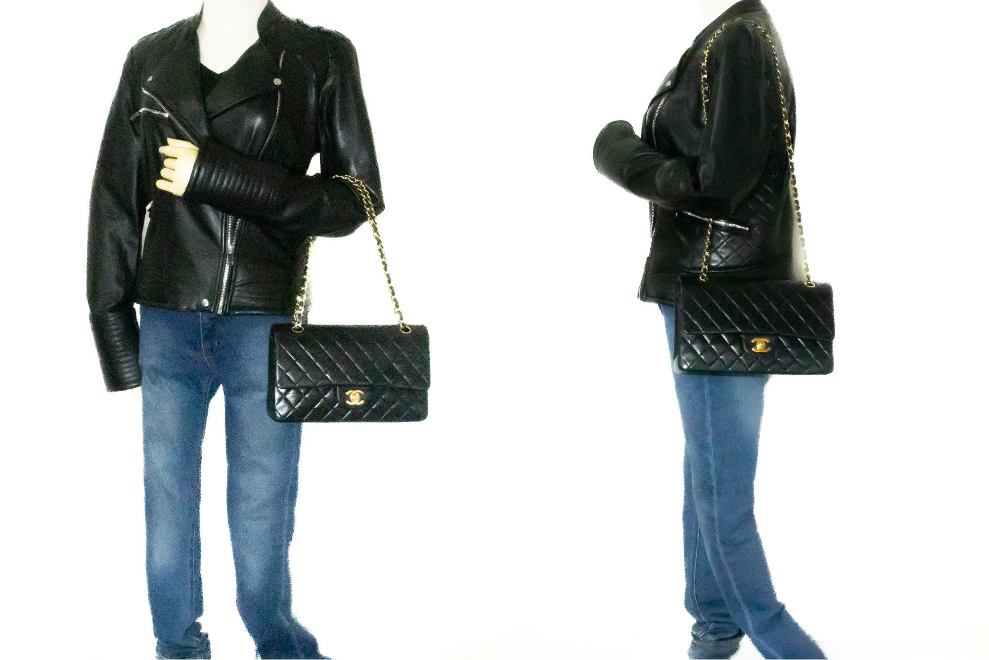 CHANEL Classic Double Flap Medium Chain Shoulder Bag Black Lamb k61