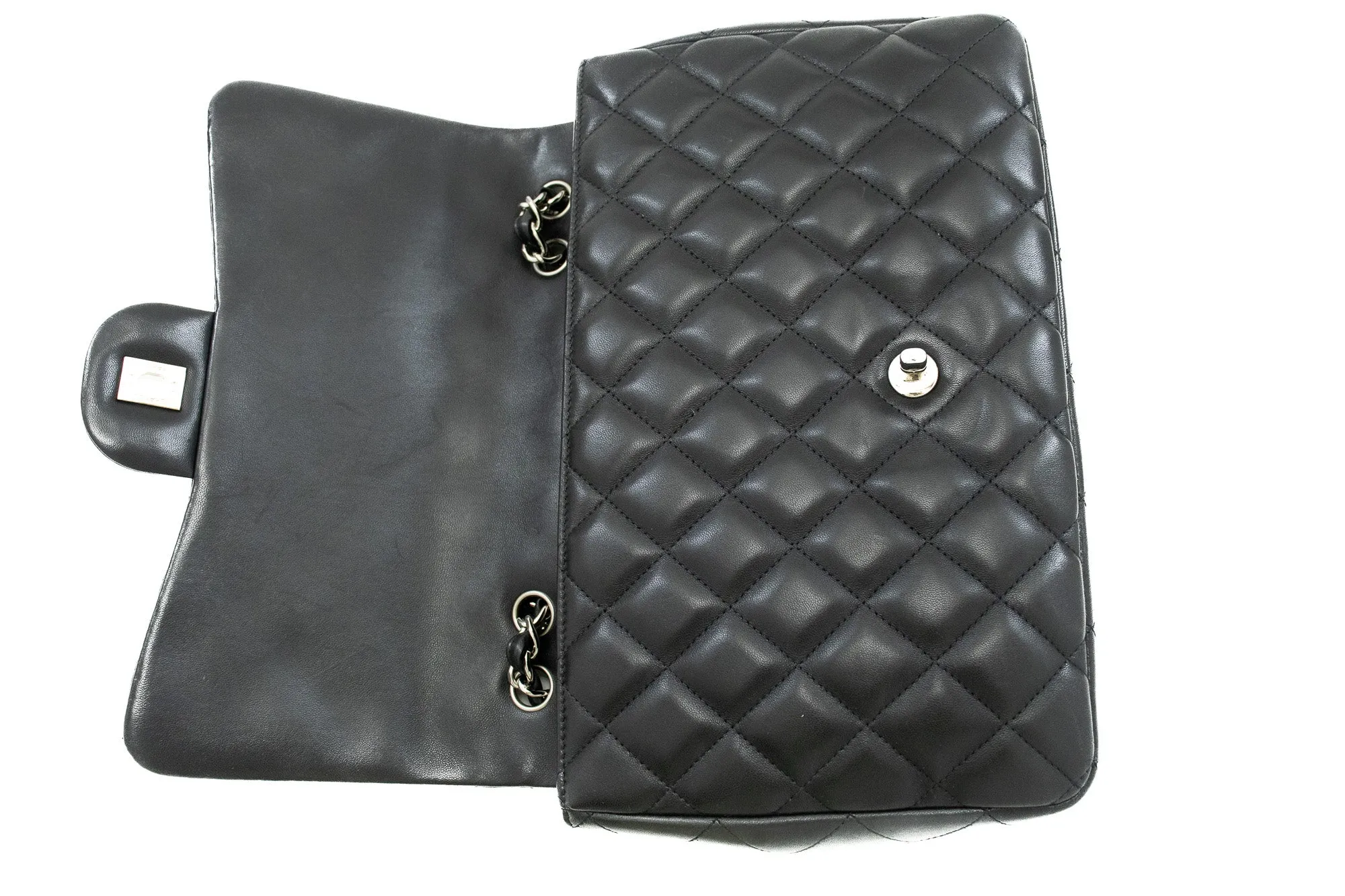 CHANEL Classic Large 11" Chain Shoulder Bag Flap Black Lambskin j42