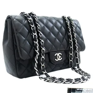 CHANEL Classic Large 11" Chain Shoulder Bag Flap Black Lambskin j42