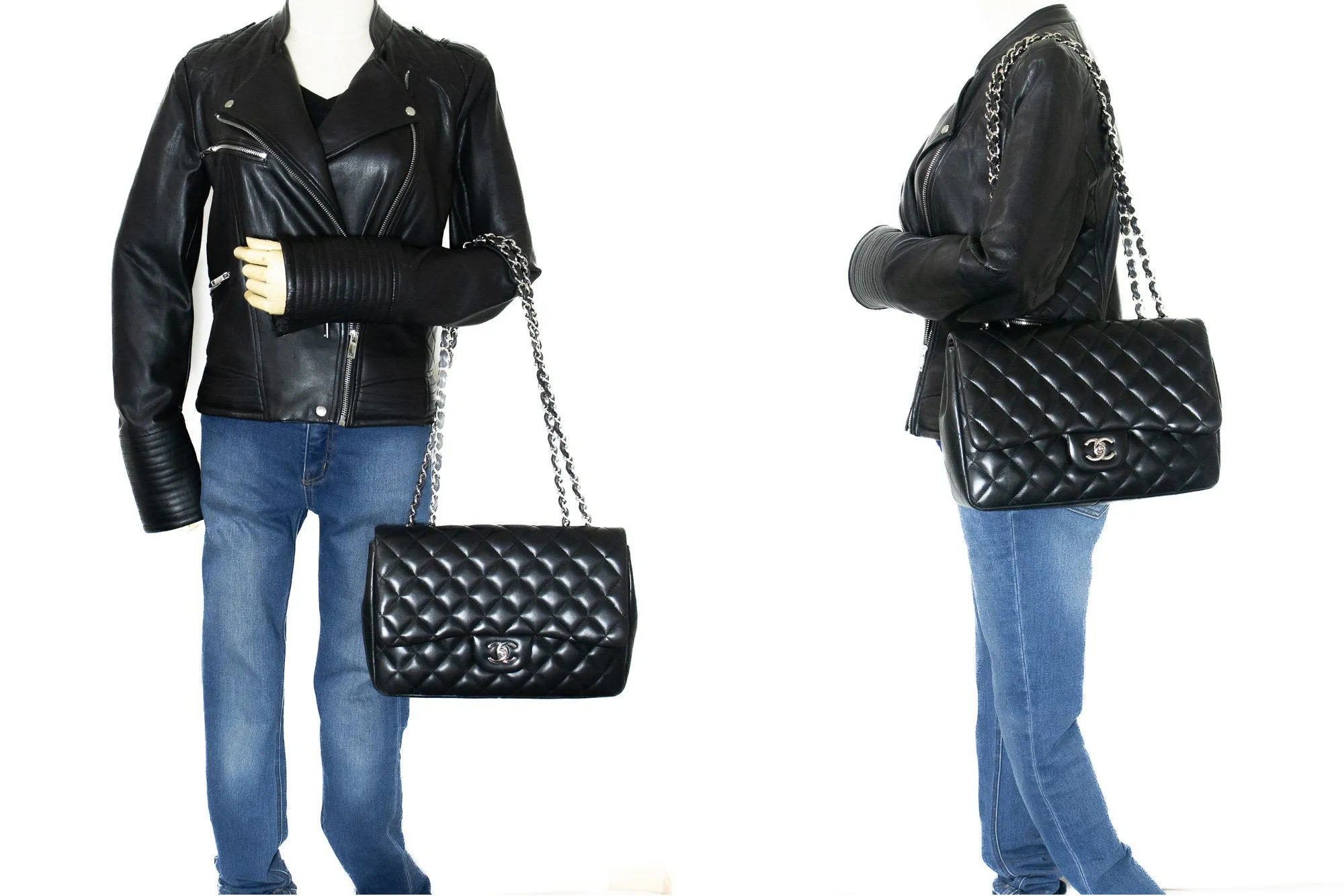 CHANEL Classic Large 11" Chain Shoulder Bag Flap Black Lambskin j42