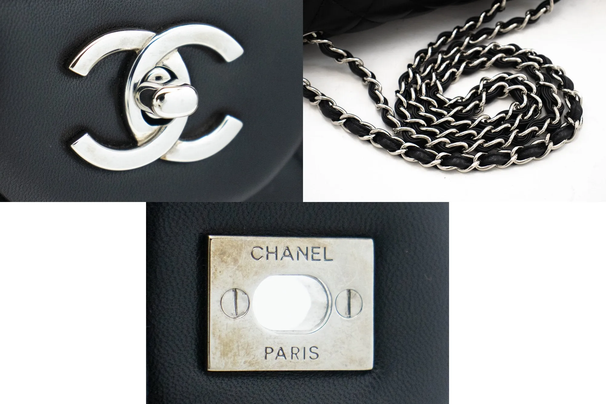 CHANEL Classic Large 11" Chain Shoulder Bag Flap Black Lambskin j42