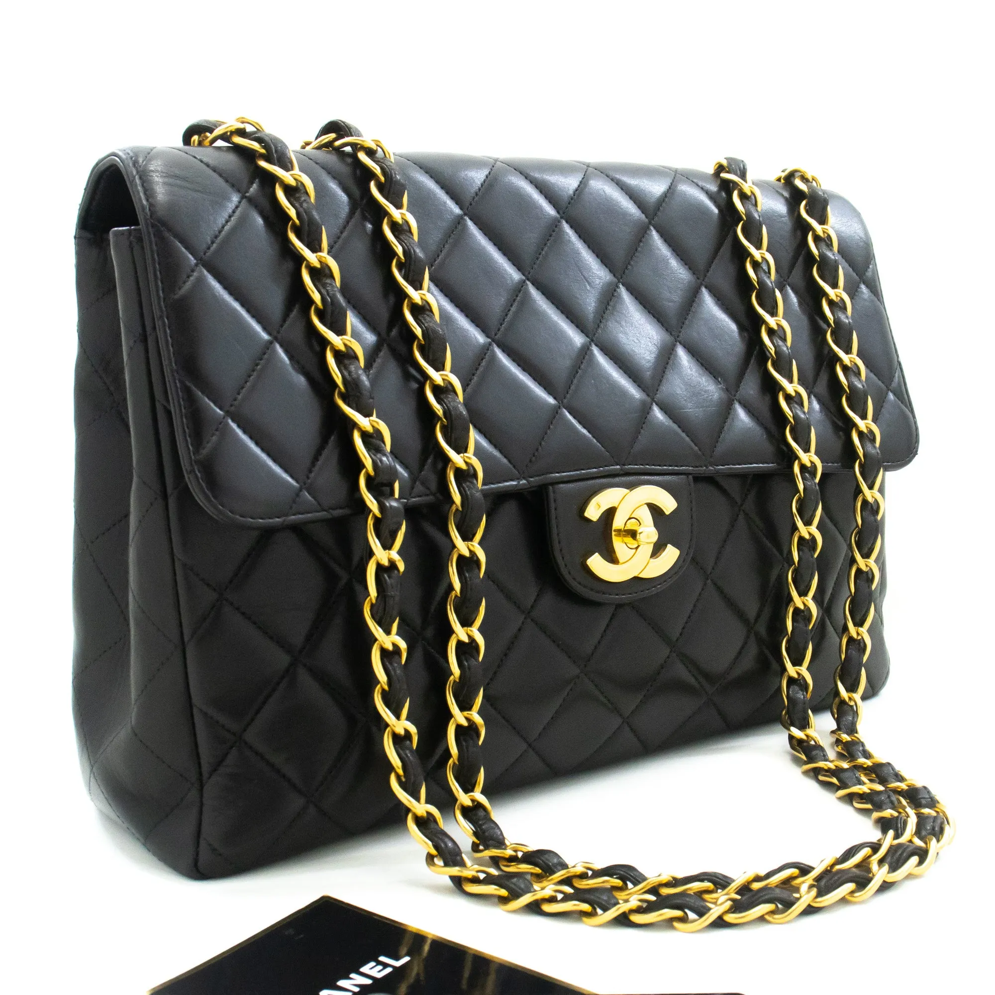 CHANEL Classic Large 11" Chain Shoulder Bag Flap Black Lambskin L95