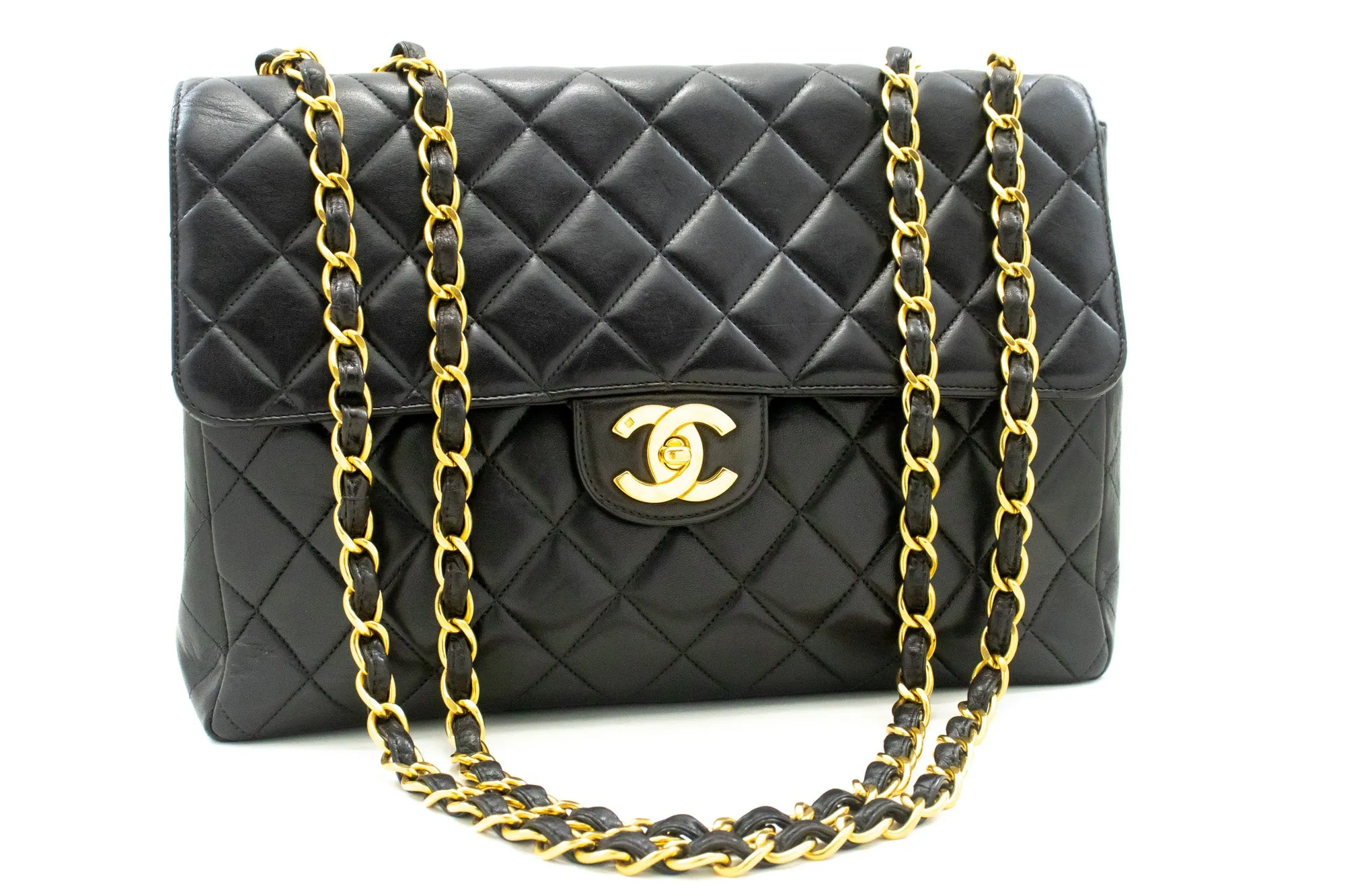 CHANEL Classic Large 11" Chain Shoulder Bag Flap Black Lambskin L95