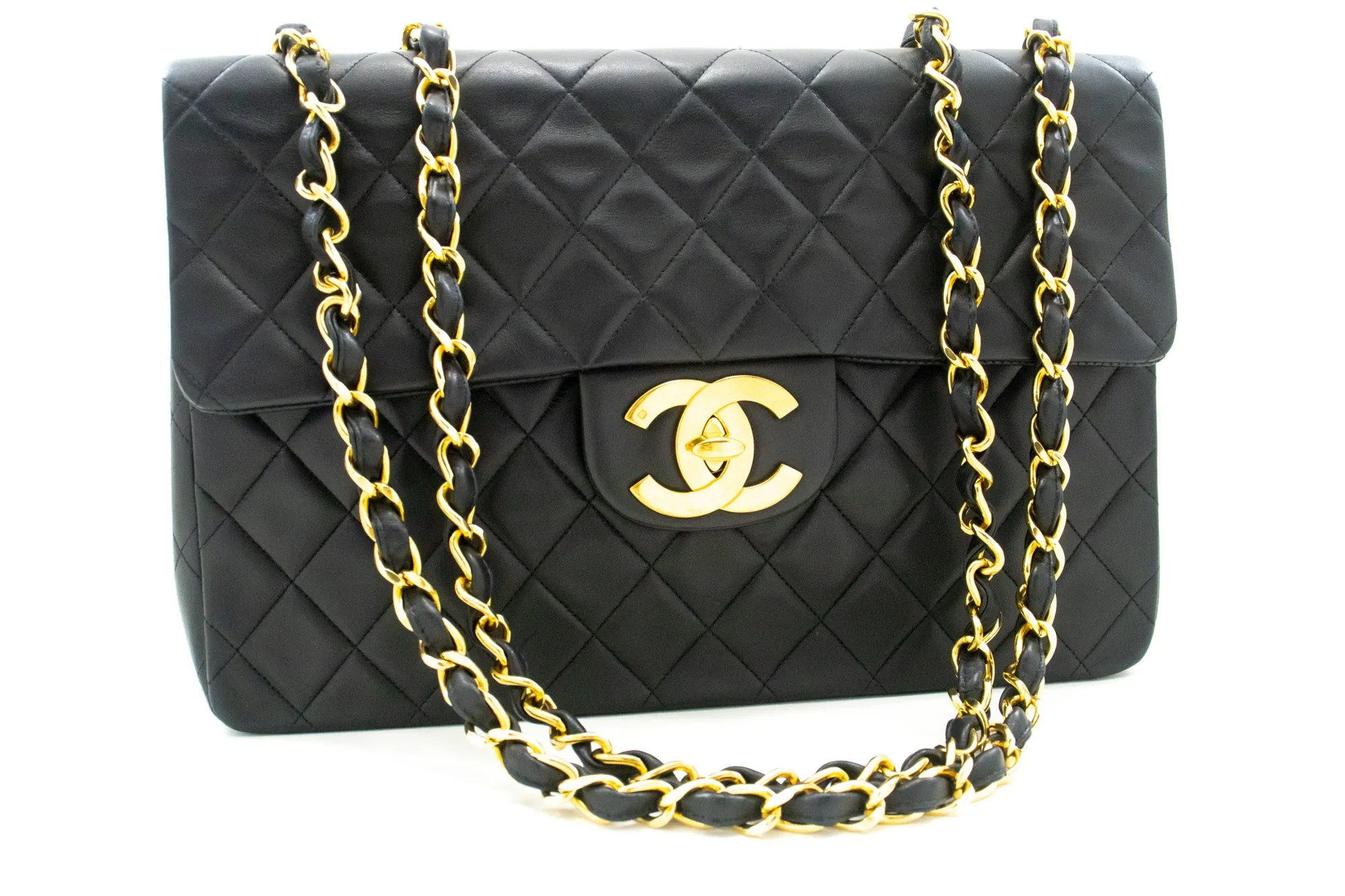 CHANEL Classic Large 13" Flap Chain Shoulder Bag Black Lambskin e90